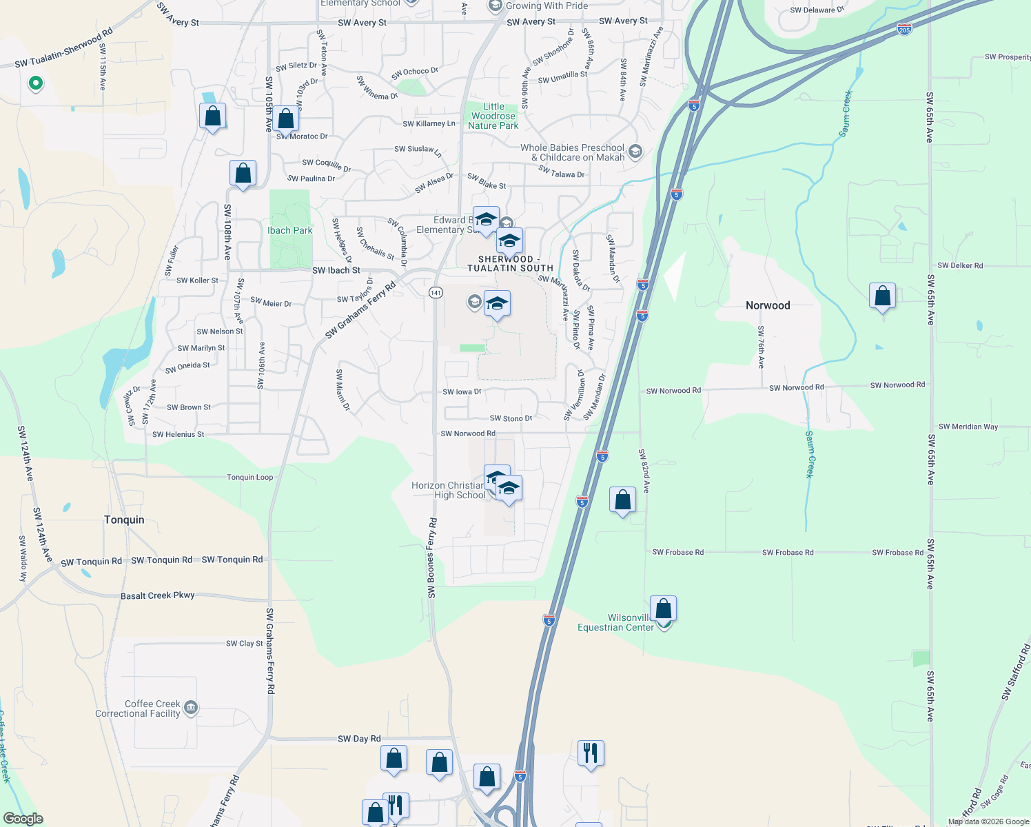 map of restaurants, bars, coffee shops, grocery stores, and more near 8983 Southwest Stono Drive in Tualatin