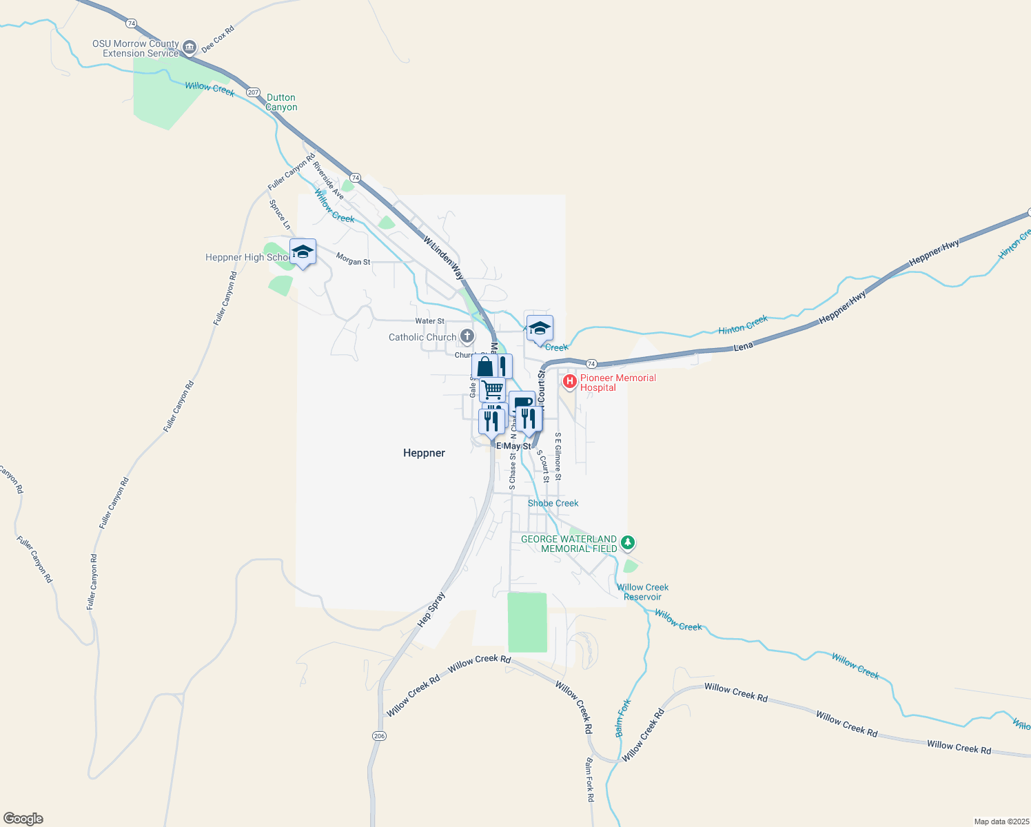 map of restaurants, bars, coffee shops, grocery stores, and more near 270 North Chase Street in Heppner
