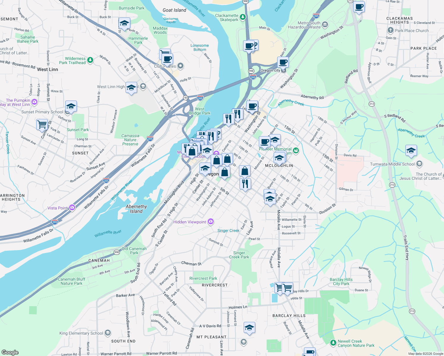 map of restaurants, bars, coffee shops, grocery stores, and more near John Adams St & 6th St in Oregon City