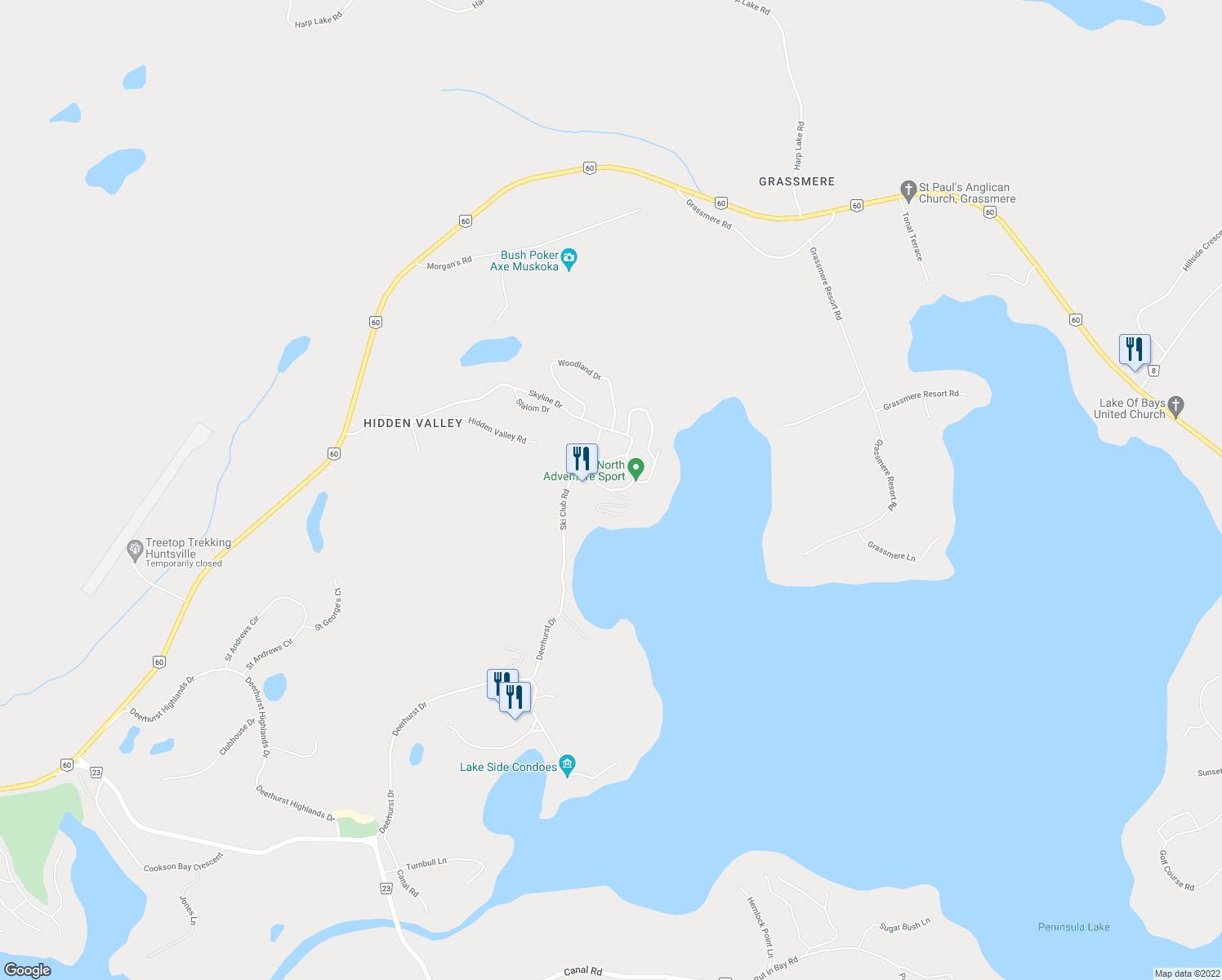 map of restaurants, bars, coffee shops, grocery stores, and more near 11 Ski Club Road in Huntsville