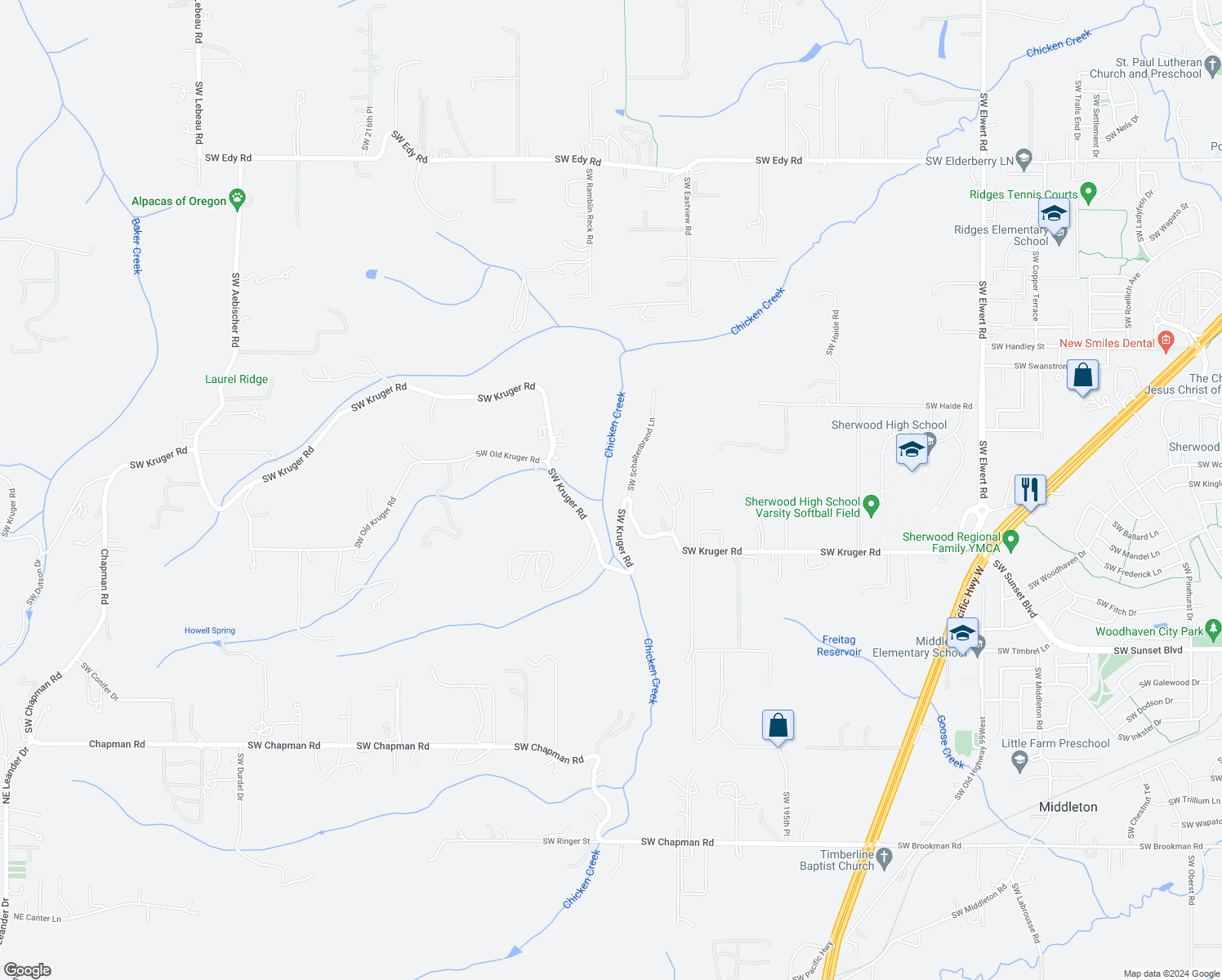 map of restaurants, bars, coffee shops, grocery stores, and more near 22665 Southwest Schaltenbrand Lane in Sherwood