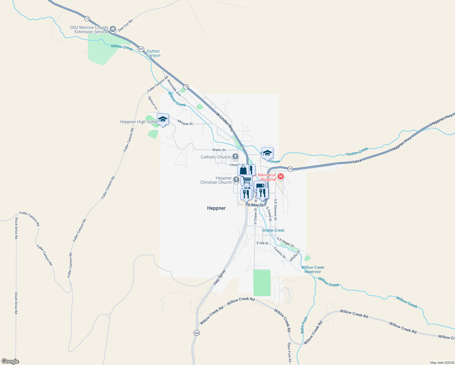 map of restaurants, bars, coffee shops, grocery stores, and more near 260 West Center Street in Heppner