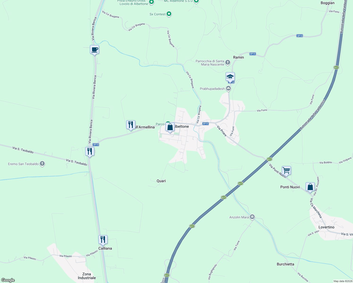 map of restaurants, bars, coffee shops, grocery stores, and more near 11 Via Monte Grappa in Albettone