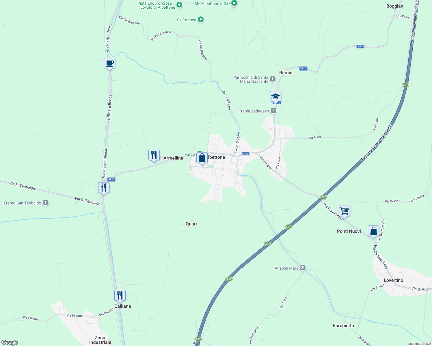 map of restaurants, bars, coffee shops, grocery stores, and more near 11 Via Monte Grappa in Albettone