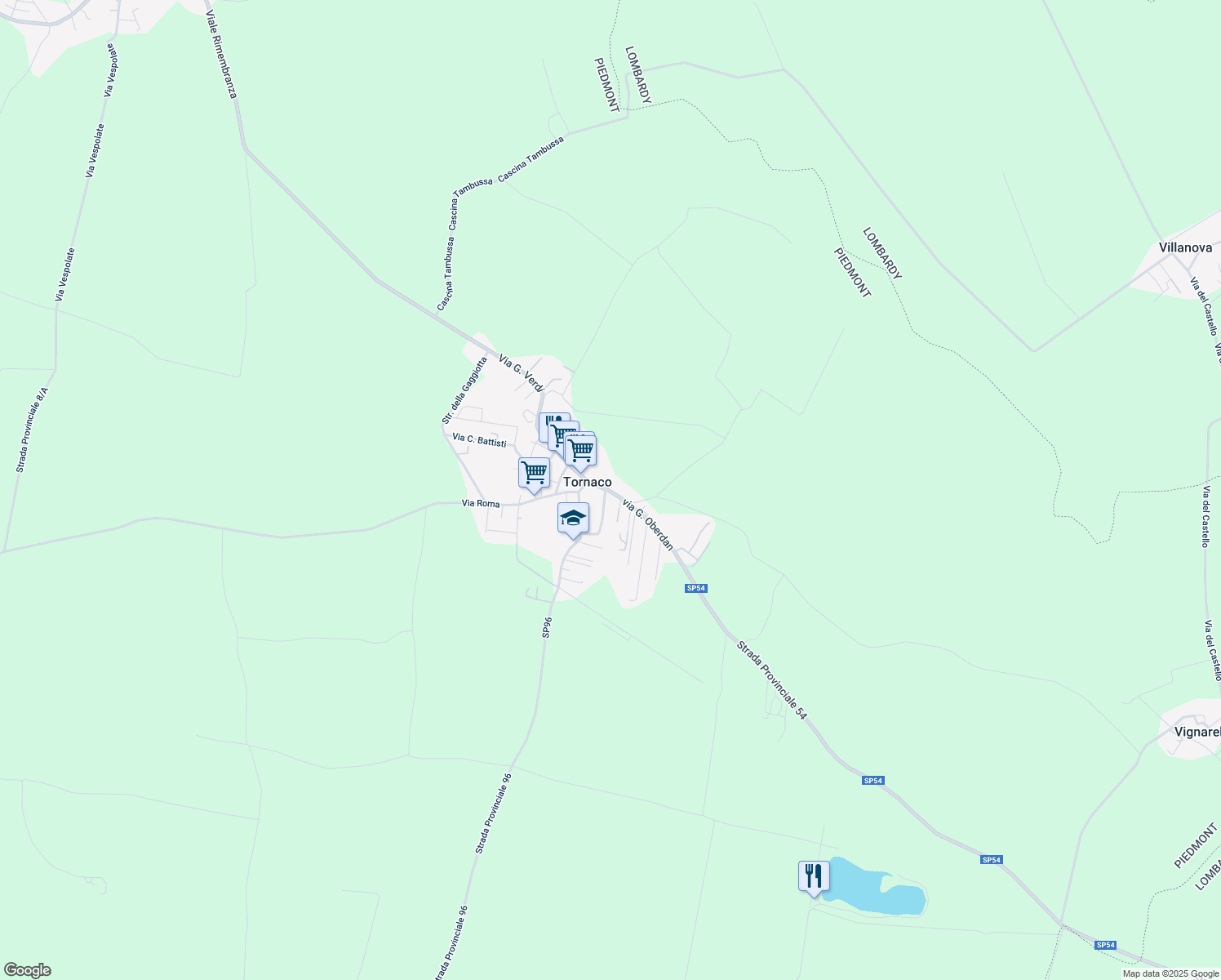 map of restaurants, bars, coffee shops, grocery stores, and more near 39 Via IV Novembre in Tornaco