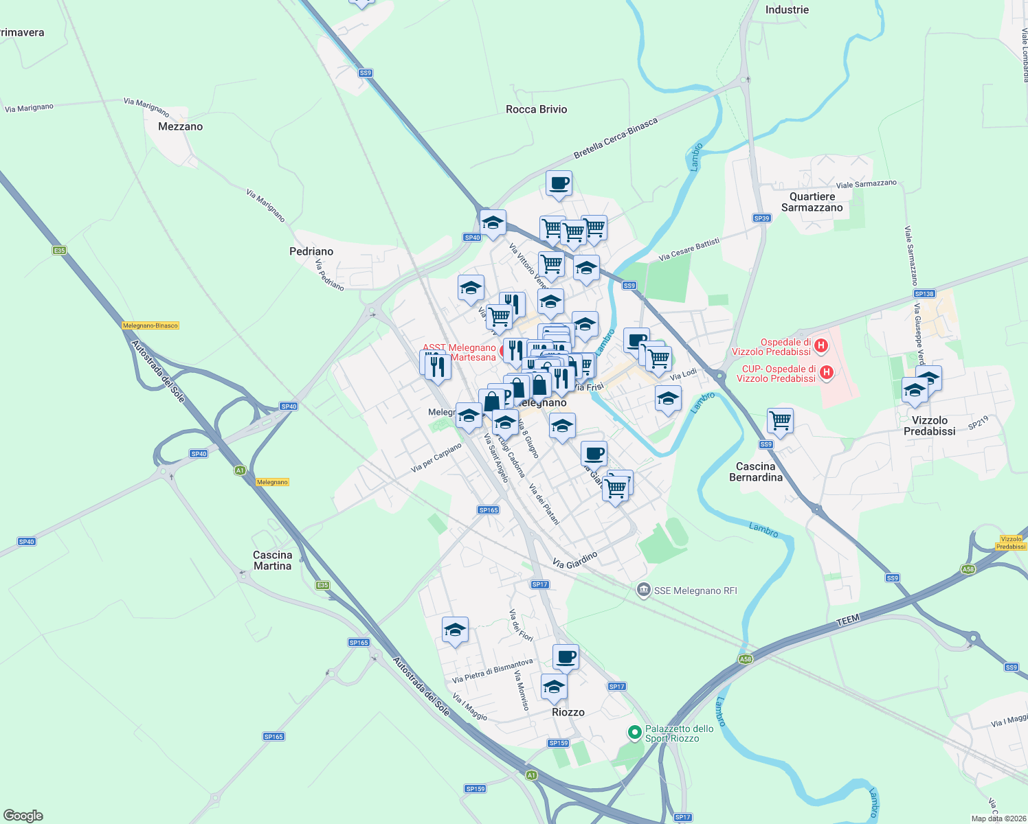map of restaurants, bars, coffee shops, grocery stores, and more near 19 Piazzale delle Associazioni in Melegnano