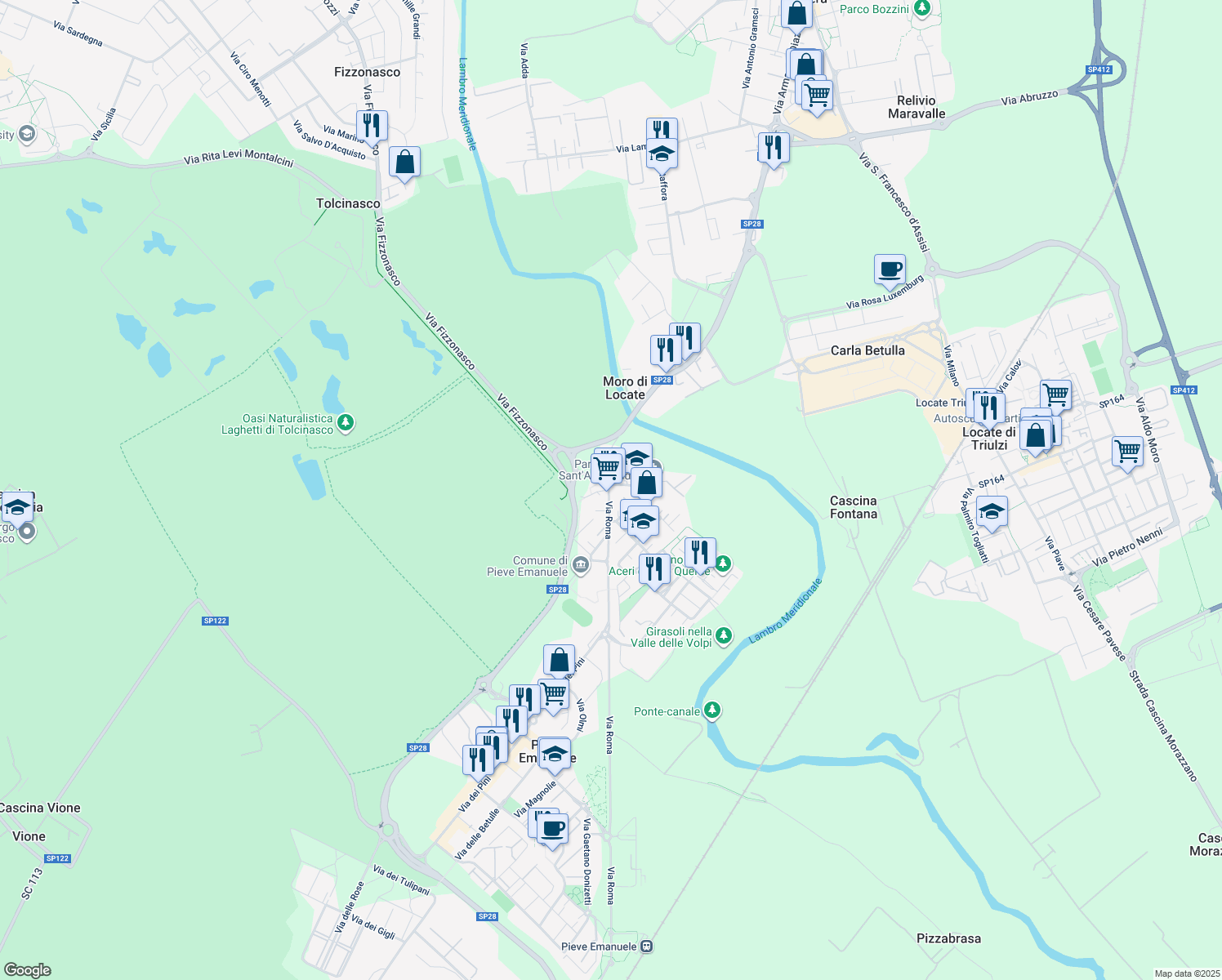 map of restaurants, bars, coffee shops, grocery stores, and more near 11 Via Roma in Pieve Emanuele