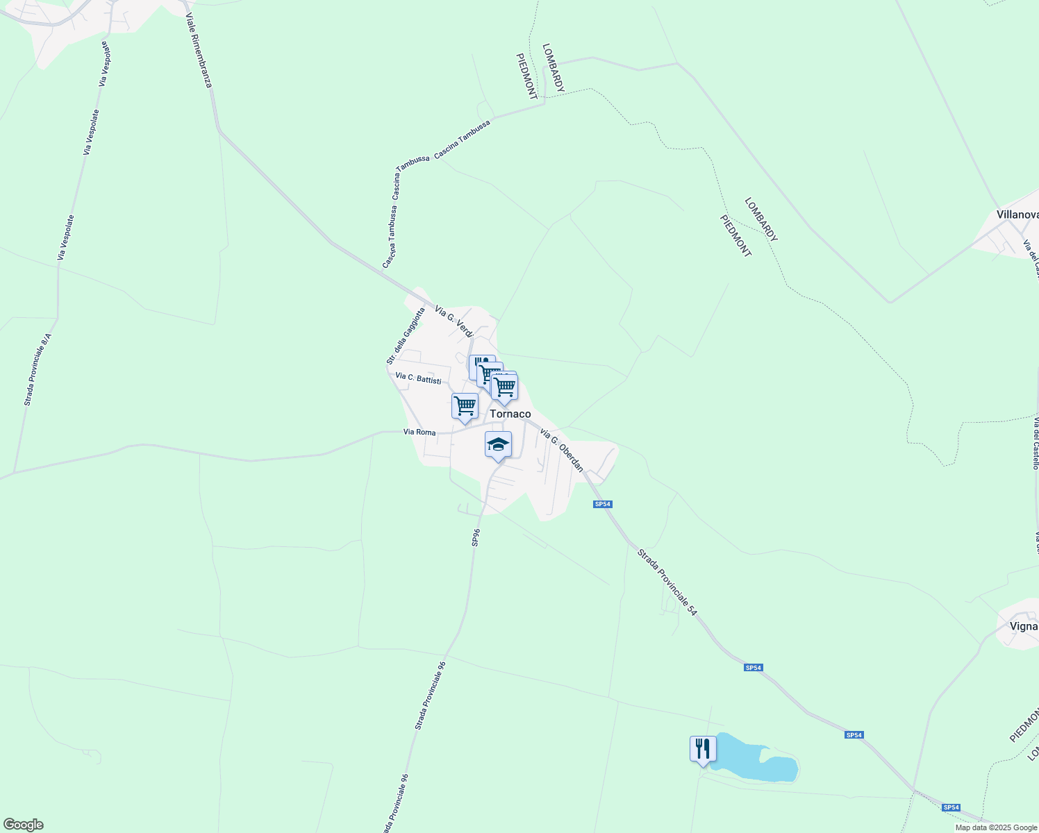 map of restaurants, bars, coffee shops, grocery stores, and more near 39 Via IV Novembre in Tornaco