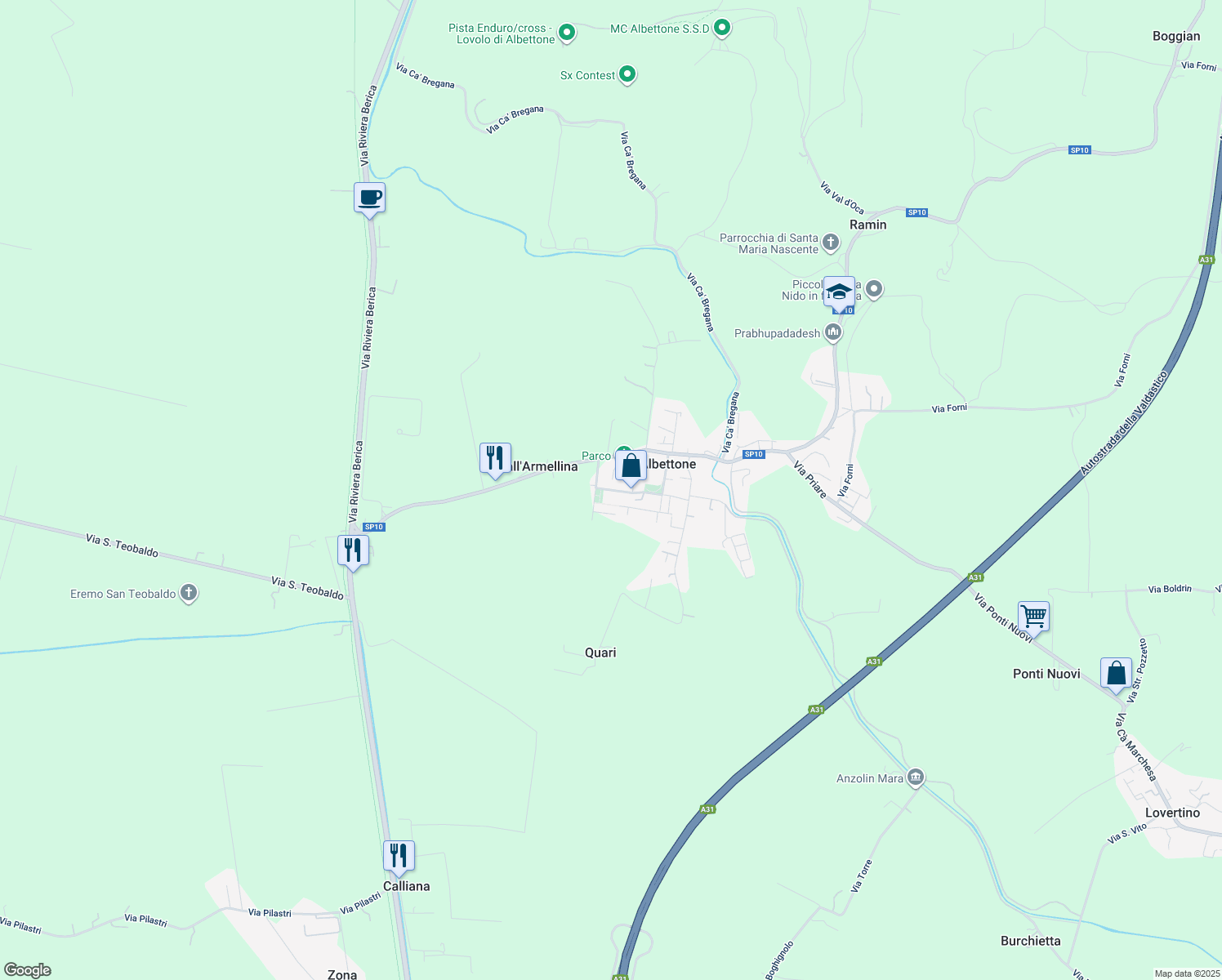 map of restaurants, bars, coffee shops, grocery stores, and more near 16 Via Degli Alpini in Provincia di Vicenza