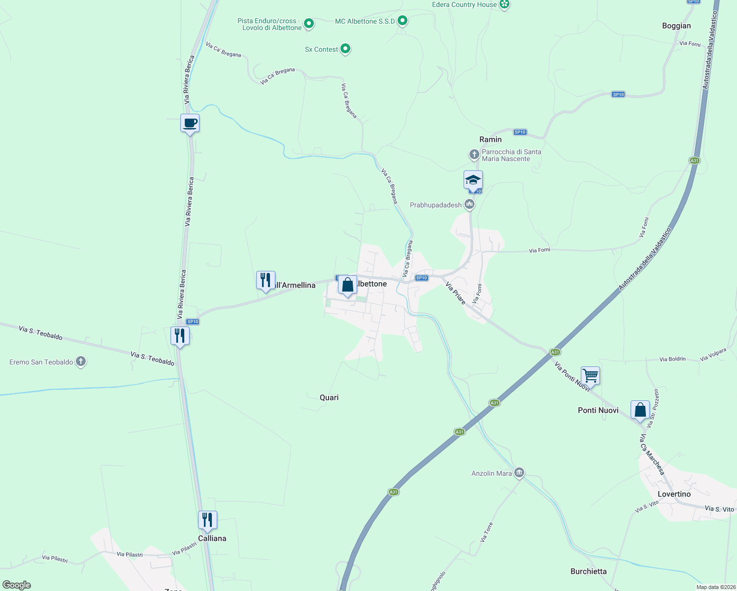map of restaurants, bars, coffee shops, grocery stores, and more near 33 Piazza Umberto I' in Albettone