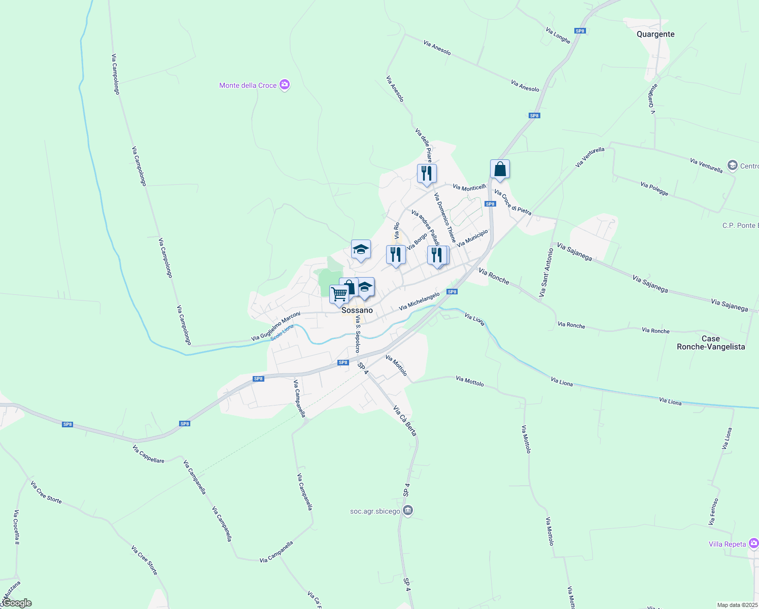 map of restaurants, bars, coffee shops, grocery stores, and more near 44 Via Roma in Sossano