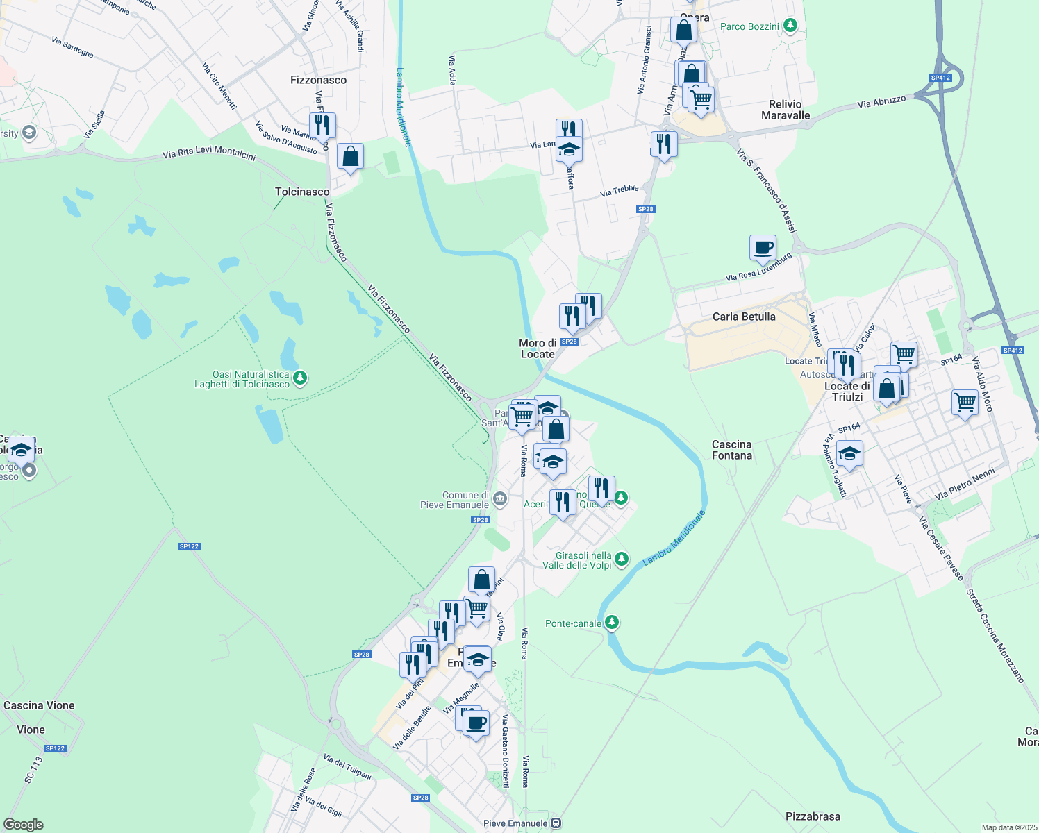 map of restaurants, bars, coffee shops, grocery stores, and more near 11/a Via Roma in Pieve Emanuele