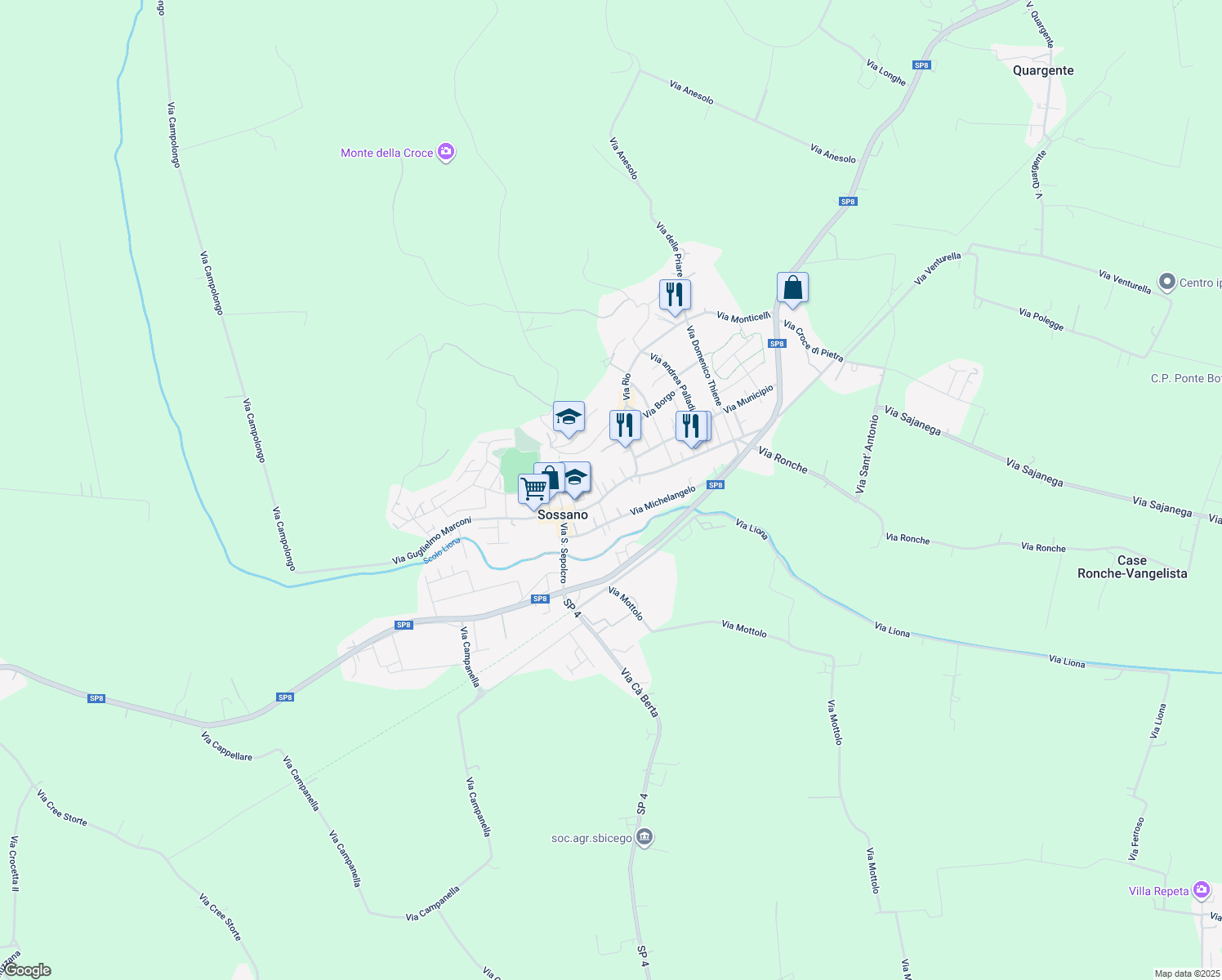 map of restaurants, bars, coffee shops, grocery stores, and more near 44 Via Roma in Sossano