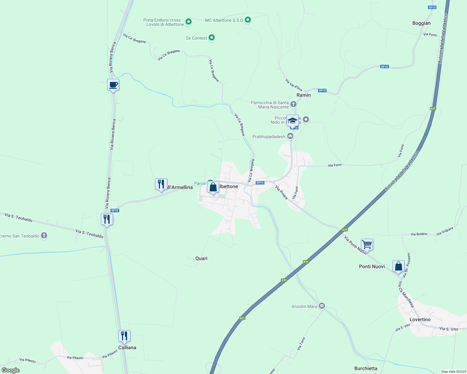 map of restaurants, bars, coffee shops, grocery stores, and more near 1 Piazza Umberto I in Albettone