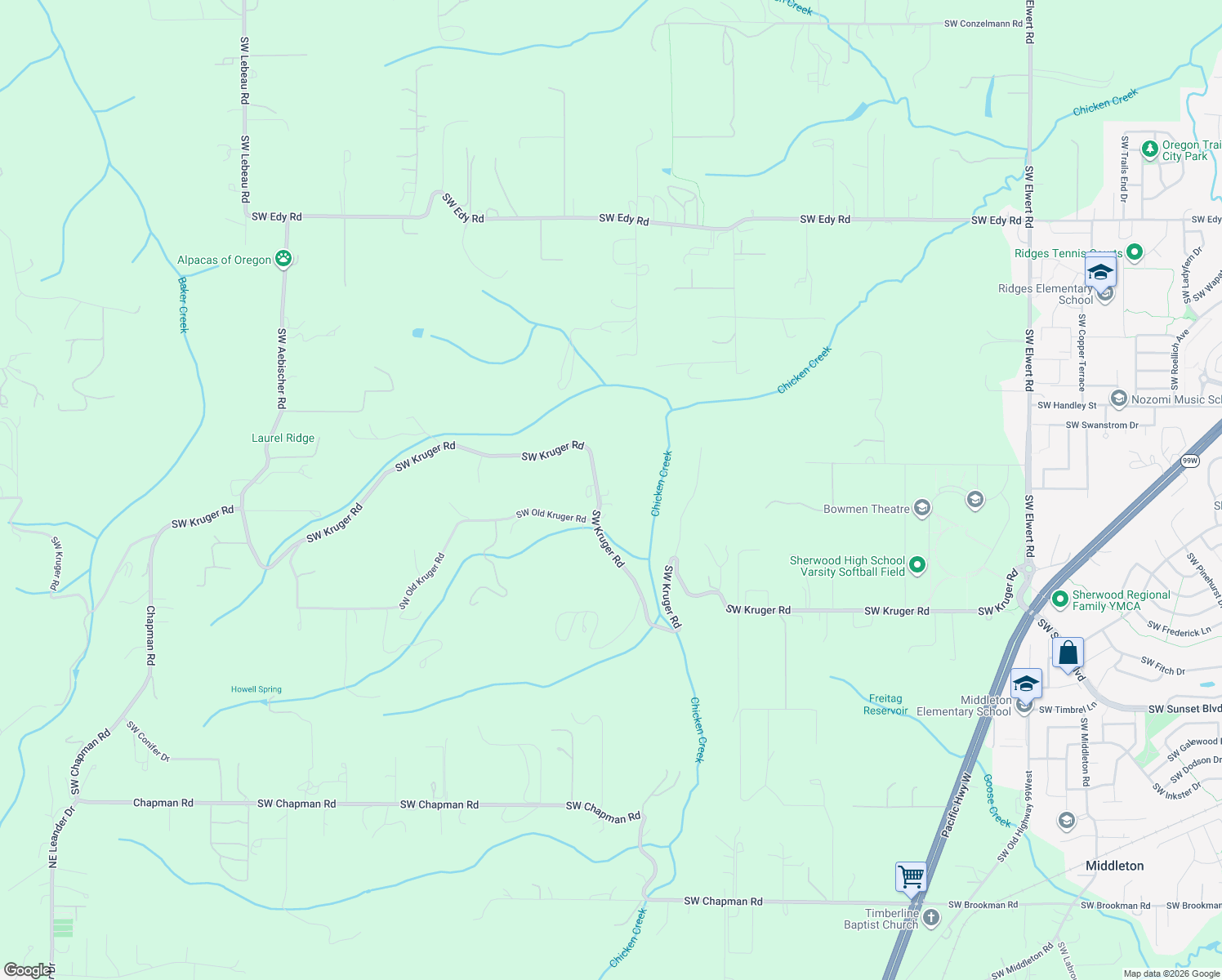 map of restaurants, bars, coffee shops, grocery stores, and more near 20775 Southwest Kruger Road in Sherwood