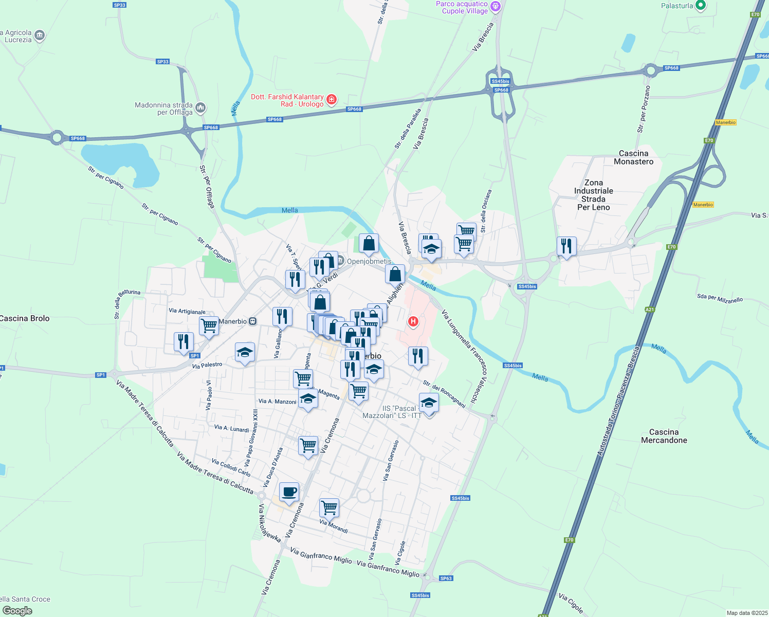 map of restaurants, bars, coffee shops, grocery stores, and more near Via Santa Vecchia in Manerbio
