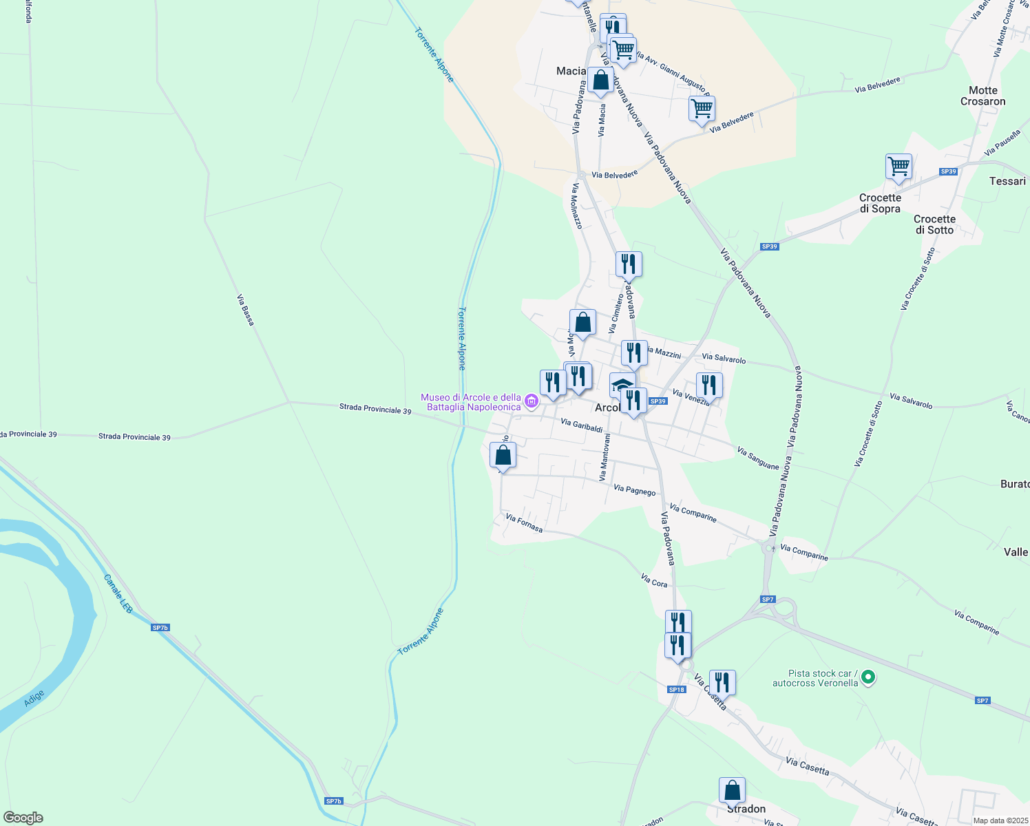 map of restaurants, bars, coffee shops, grocery stores, and more near 16F Via Rosario in Arcole