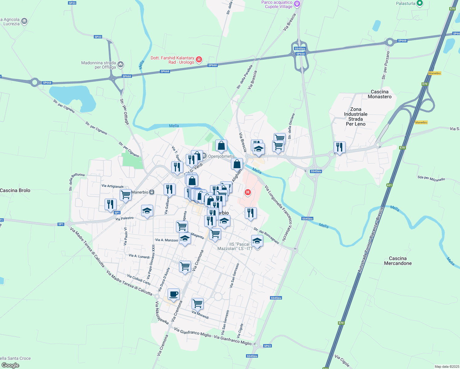 map of restaurants, bars, coffee shops, grocery stores, and more near Via San Faustino in Manerbio
