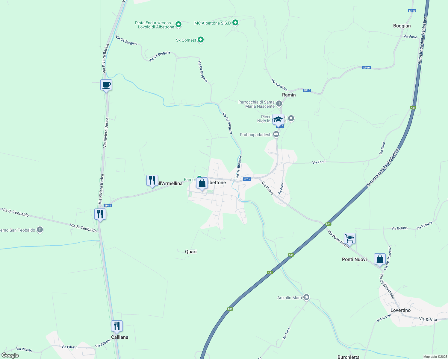 map of restaurants, bars, coffee shops, grocery stores, and more near 1 Piazza Umberto I in Albettone