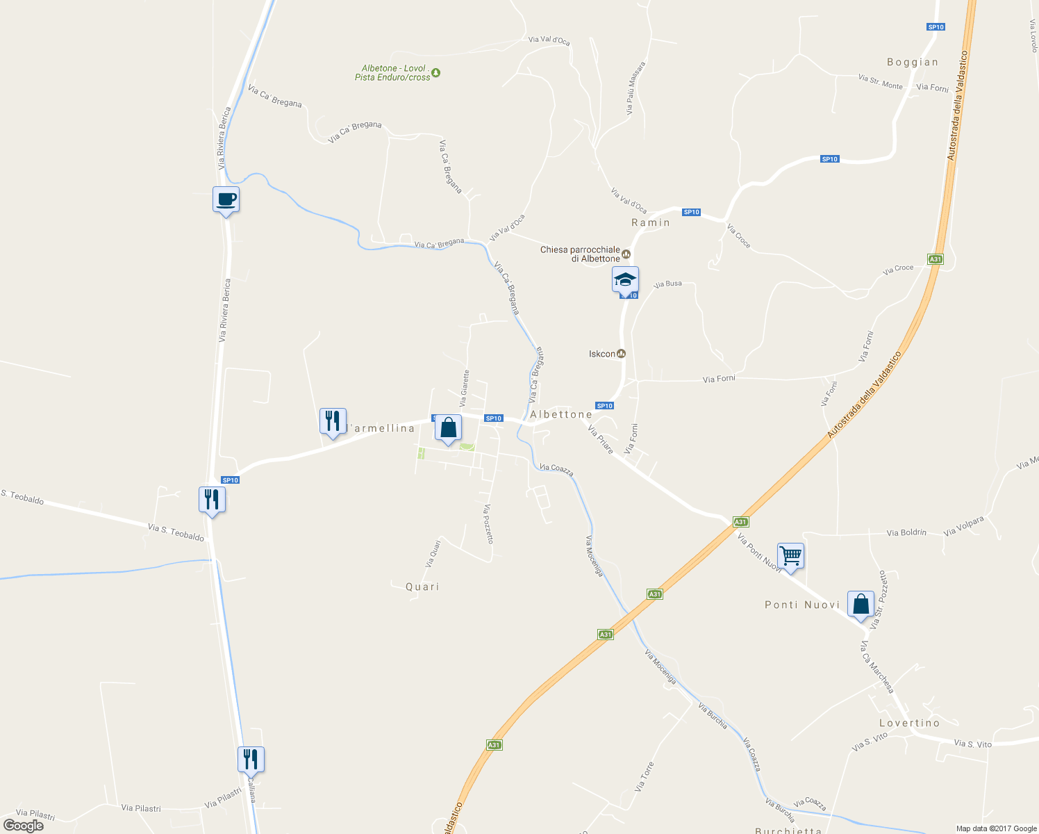 map of restaurants, bars, coffee shops, grocery stores, and more near 12 Piazza Umberto I in Albettone