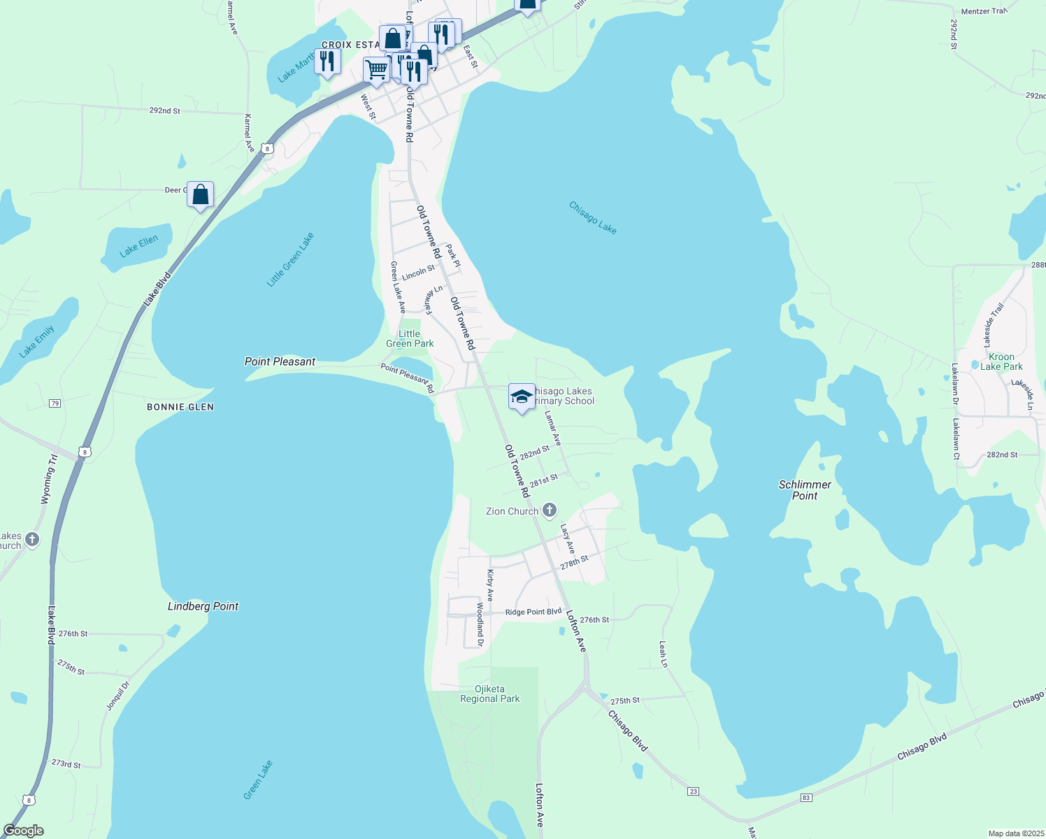 map of restaurants, bars, coffee shops, grocery stores, and more near 11009 284th Street in Chisago City