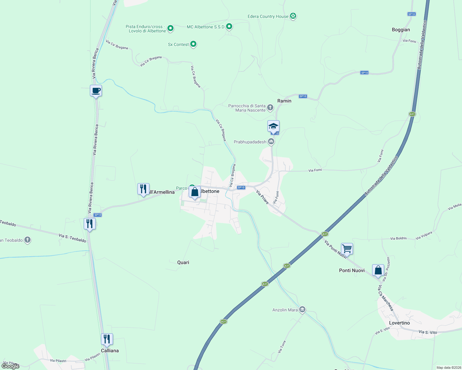 map of restaurants, bars, coffee shops, grocery stores, and more near 12 Piazza Umberto I in Albettone