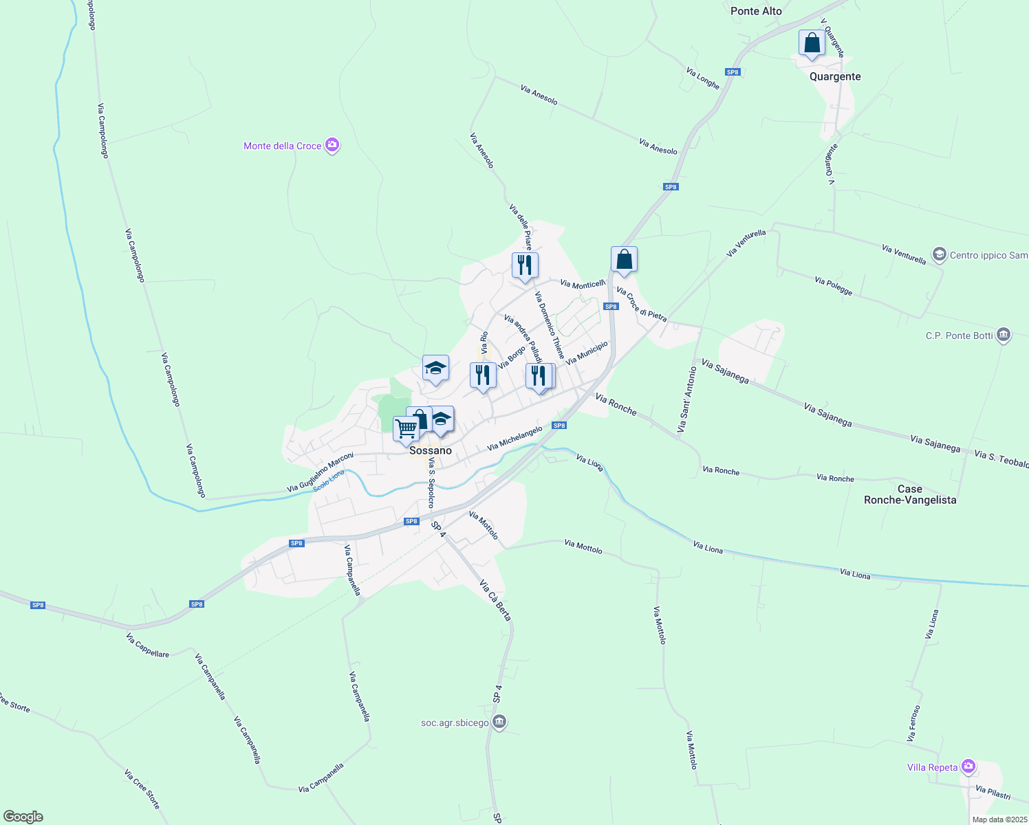 map of restaurants, bars, coffee shops, grocery stores, and more near 67 Via Roma in Sossano