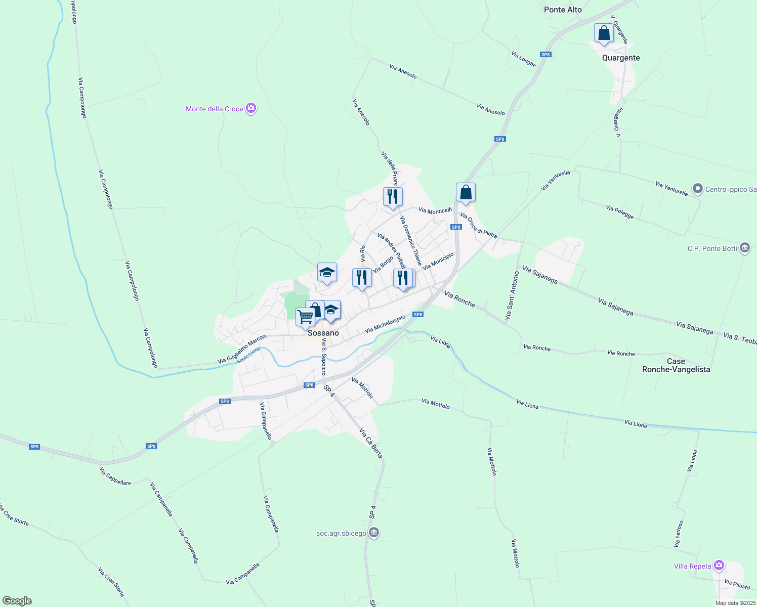 map of restaurants, bars, coffee shops, grocery stores, and more near 67 Via Roma in Sossano