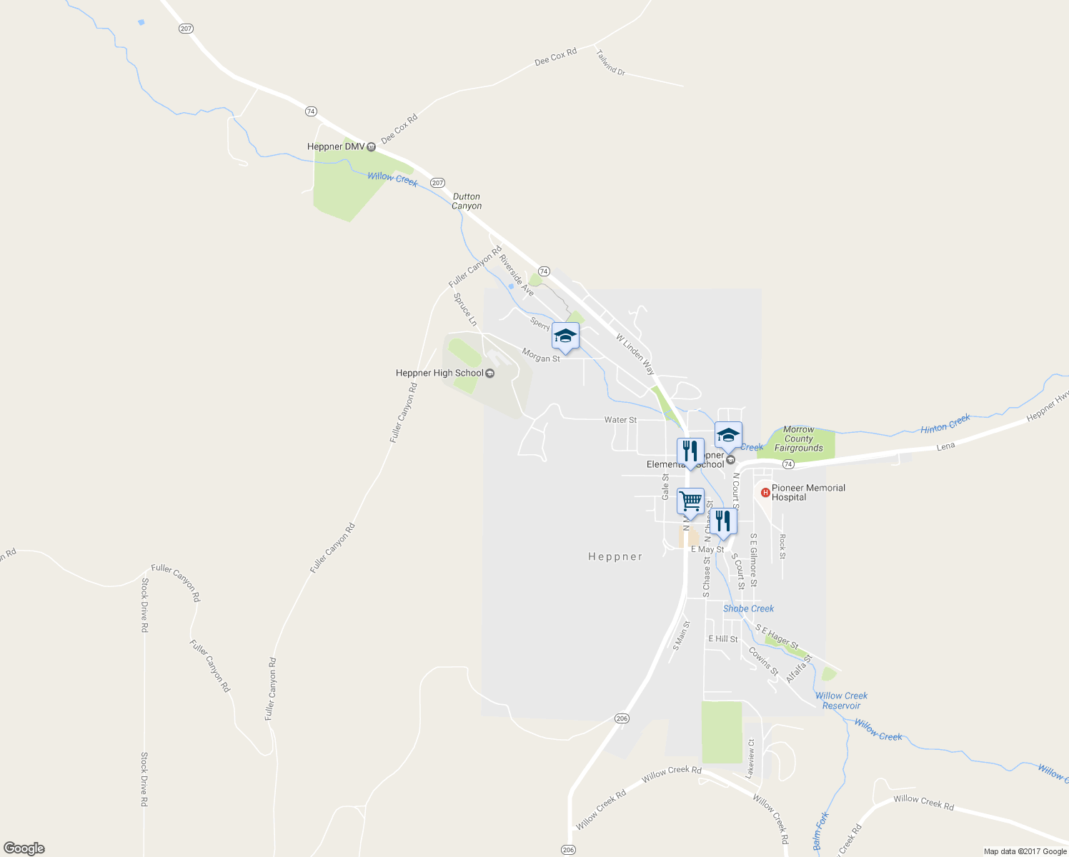 map of restaurants, bars, coffee shops, grocery stores, and more near 115 Sage Hill Drive in Heppner