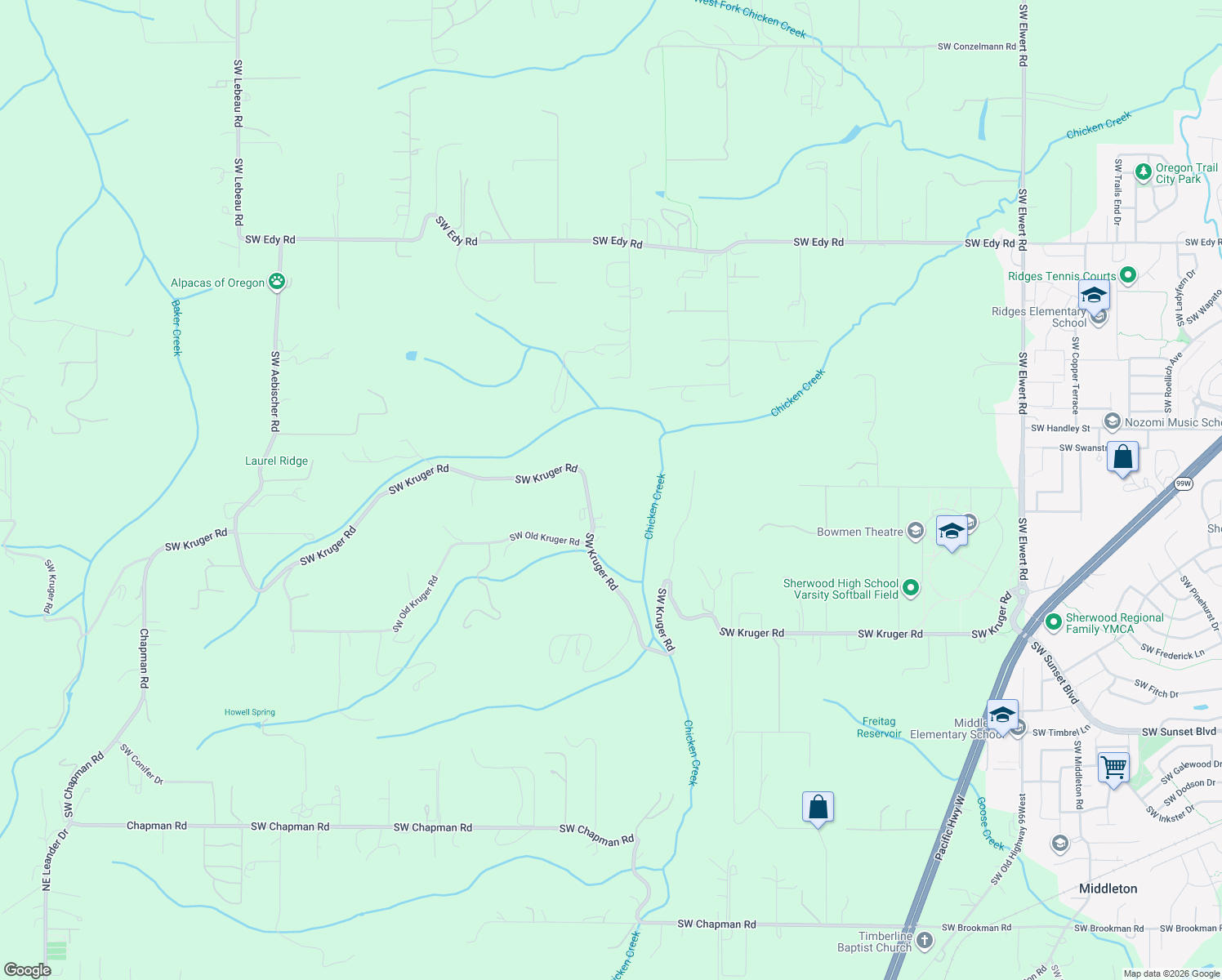 map of restaurants, bars, coffee shops, grocery stores, and more near 20775 Southwest Kruger Road in Sherwood