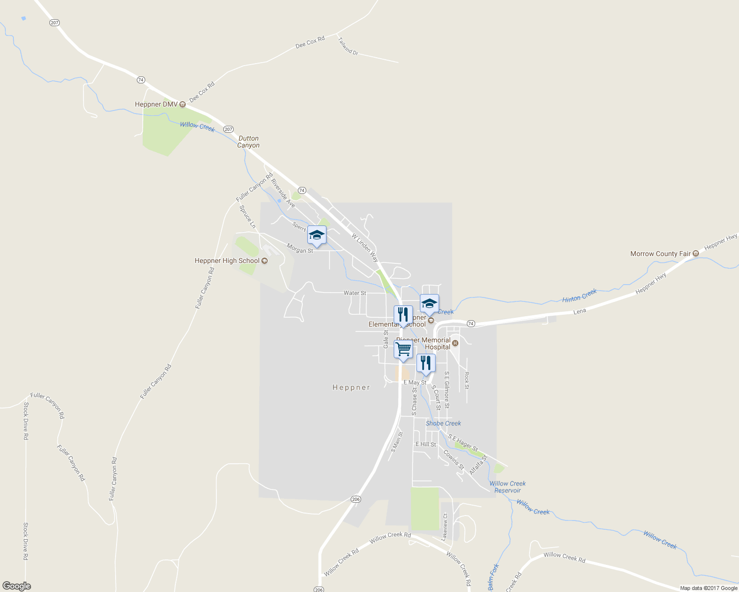 map of restaurants, bars, coffee shops, grocery stores, and more near 280 Water Street in Heppner