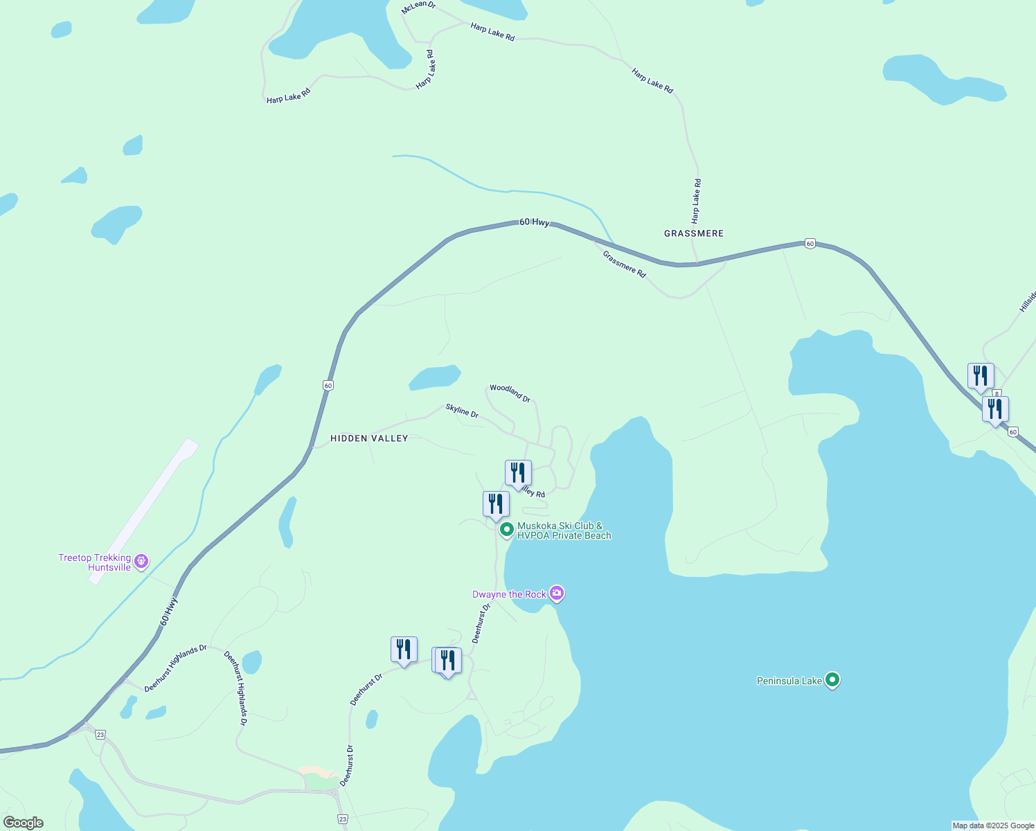 map of restaurants, bars, coffee shops, grocery stores, and more near 271 Woodland Drive in Huntsville