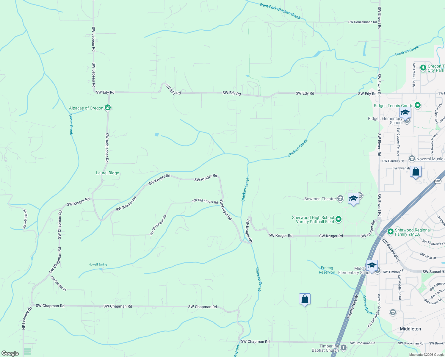 map of restaurants, bars, coffee shops, grocery stores, and more near 20690 Southwest Kruger Road in Sherwood