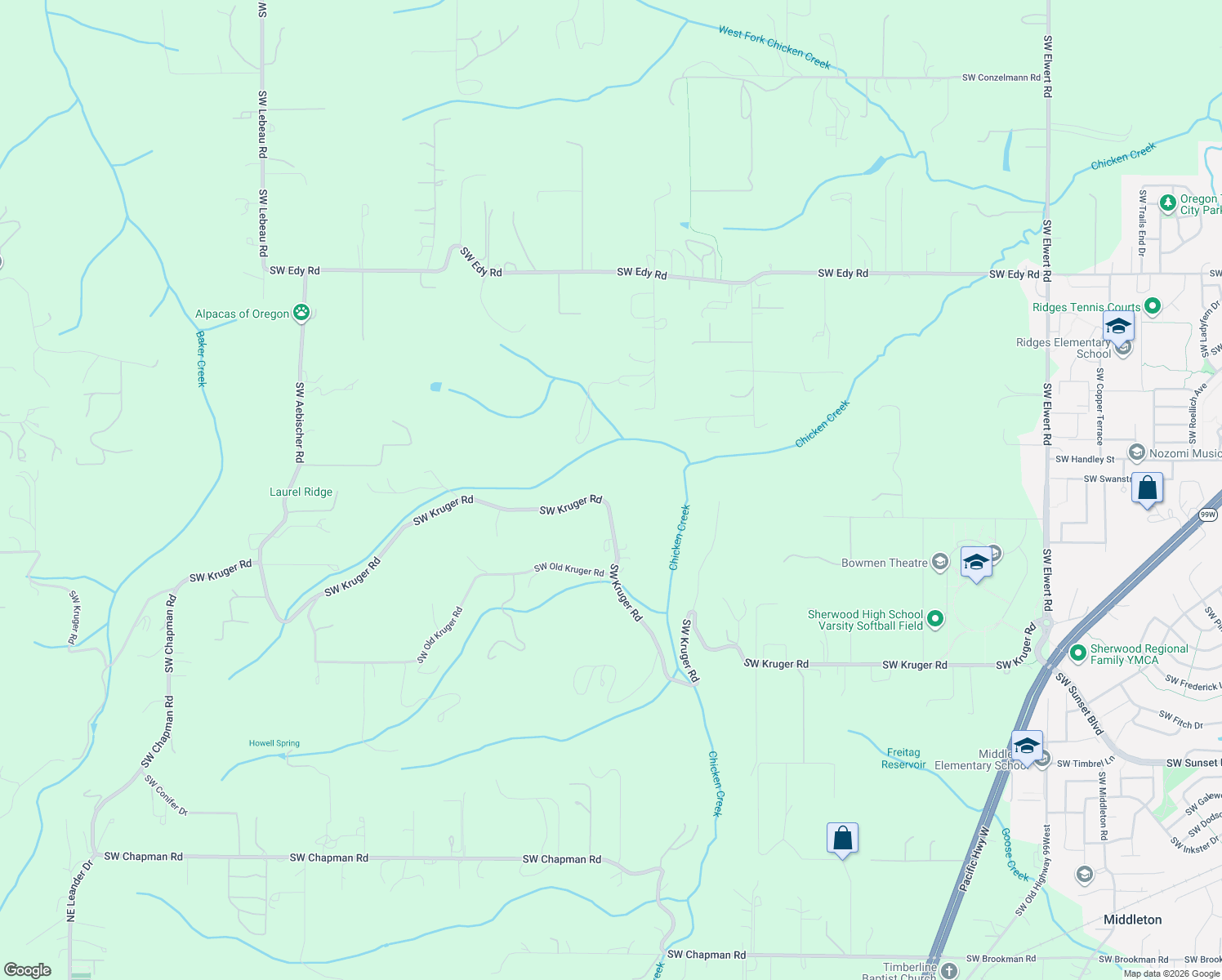 map of restaurants, bars, coffee shops, grocery stores, and more near 20877 Southwest Kruger Road in Sherwood