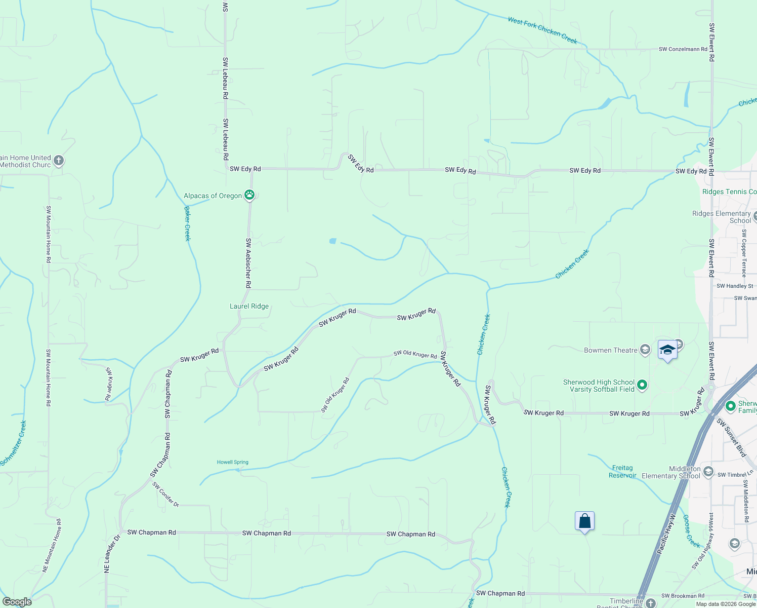 map of restaurants, bars, coffee shops, grocery stores, and more near 20907-21279 Southwest Kruger Road in Sherwood