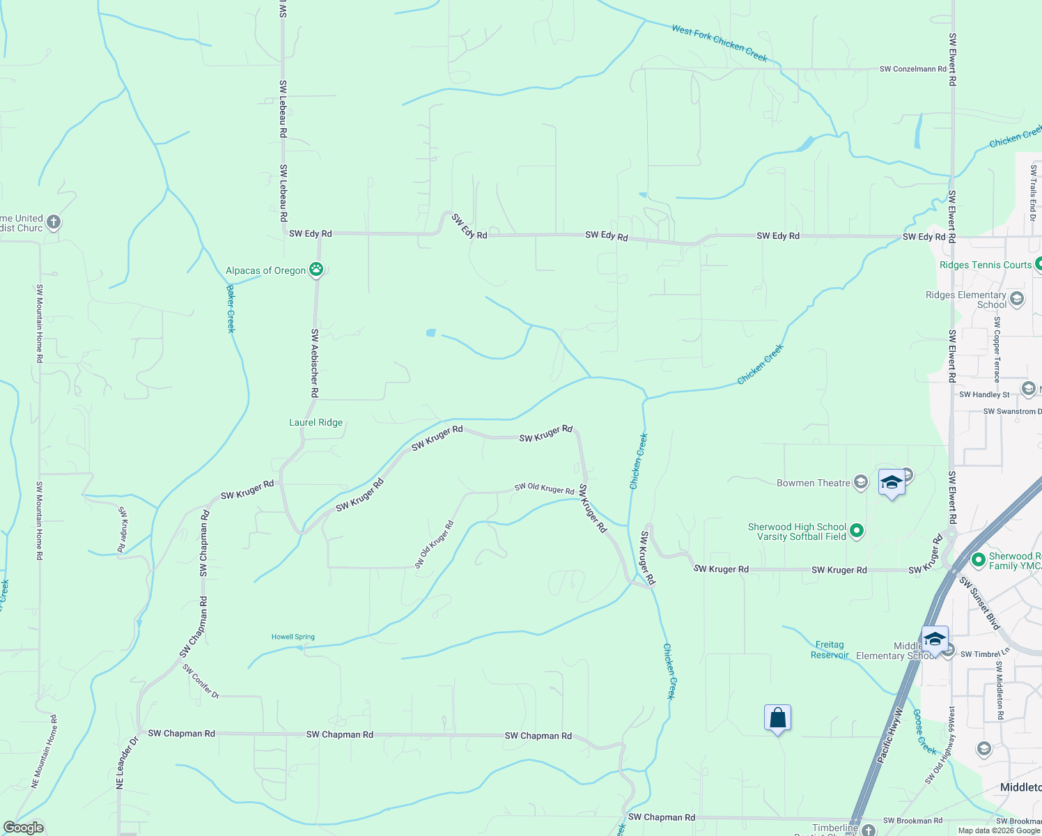 map of restaurants, bars, coffee shops, grocery stores, and more near 20907-21279 Southwest Kruger Road in Sherwood