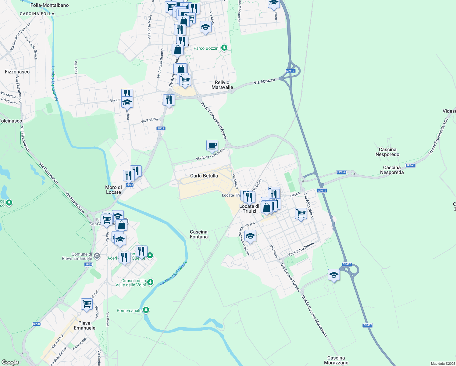map of restaurants, bars, coffee shops, grocery stores, and more near 5 Via Milano in Milano
