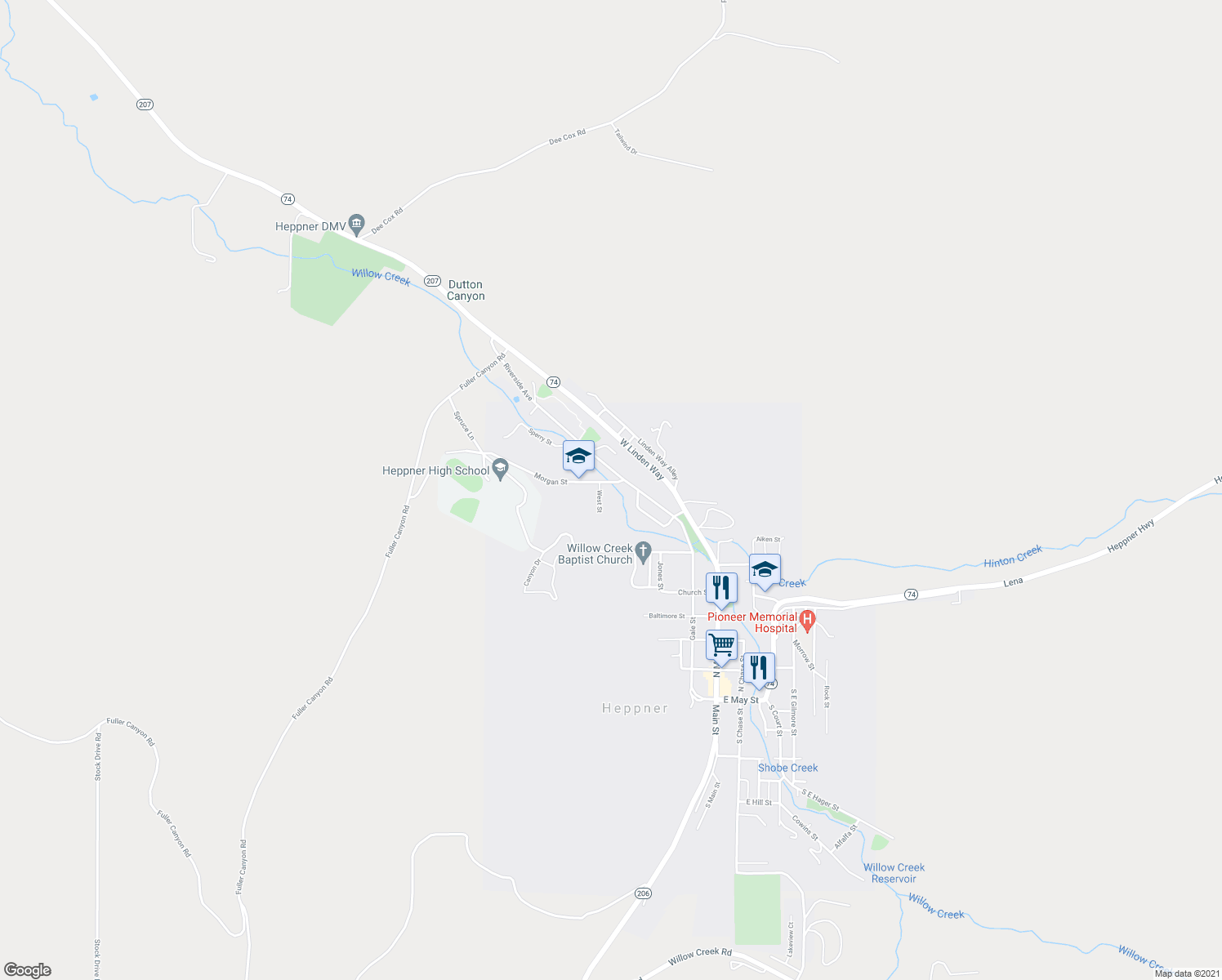 map of restaurants, bars, coffee shops, grocery stores, and more near 458 Morgan Street in Heppner