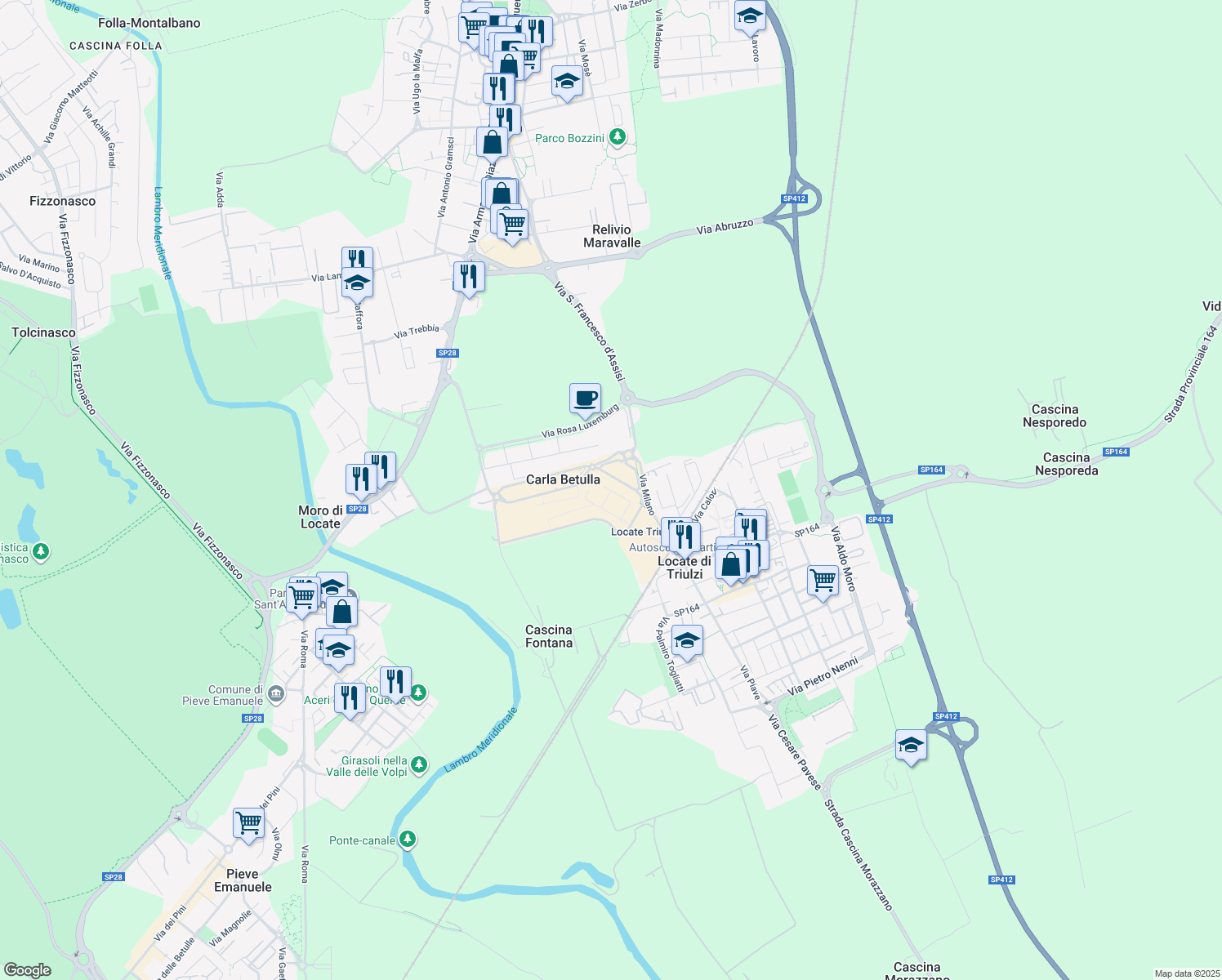 map of restaurants, bars, coffee shops, grocery stores, and more near 5 Via Milano in Milano