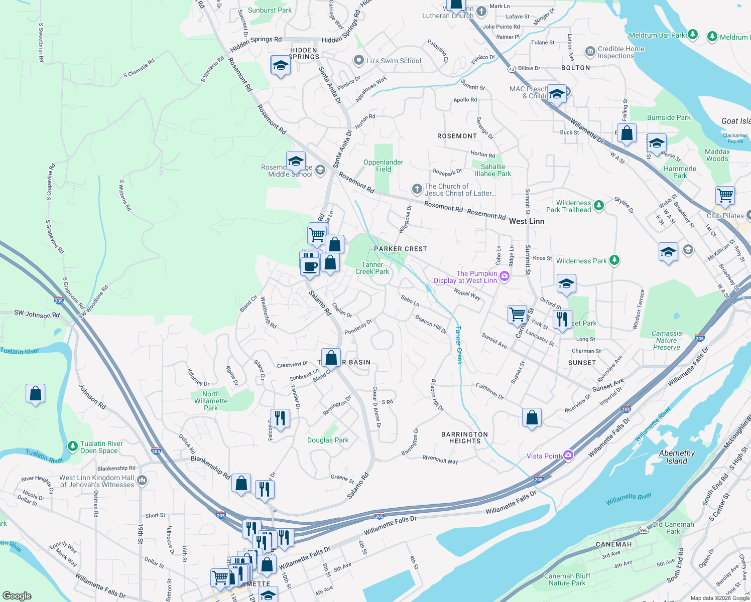 map of restaurants, bars, coffee shops, grocery stores, and more near 3444 Chelan Drive in West Linn