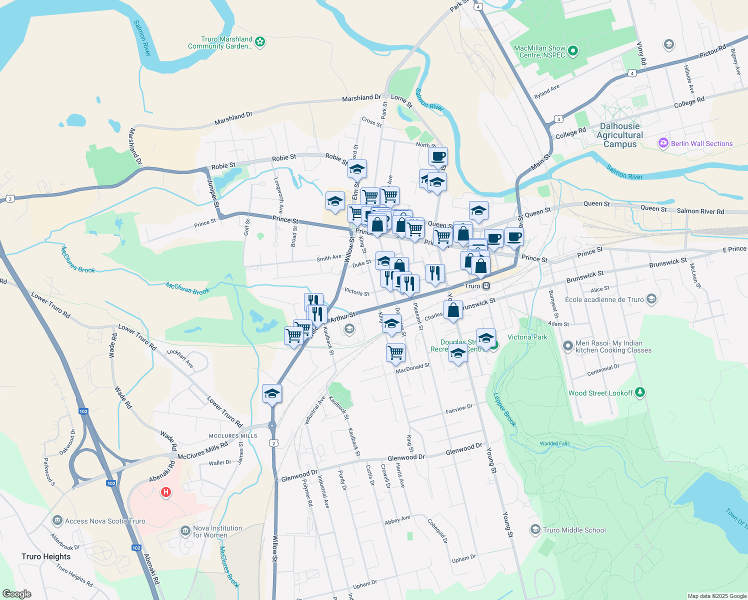 map of restaurants, bars, coffee shops, grocery stores, and more near 102 King Street in Truro