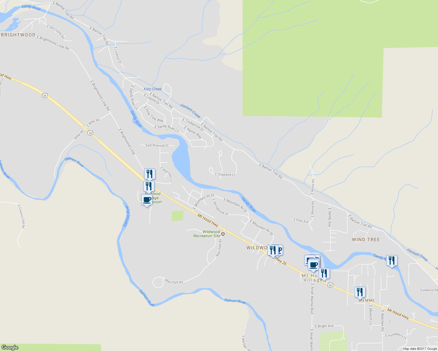 map of restaurants, bars, coffee shops, grocery stores, and more near 65845 East Chippawa Lane in Rhododendron