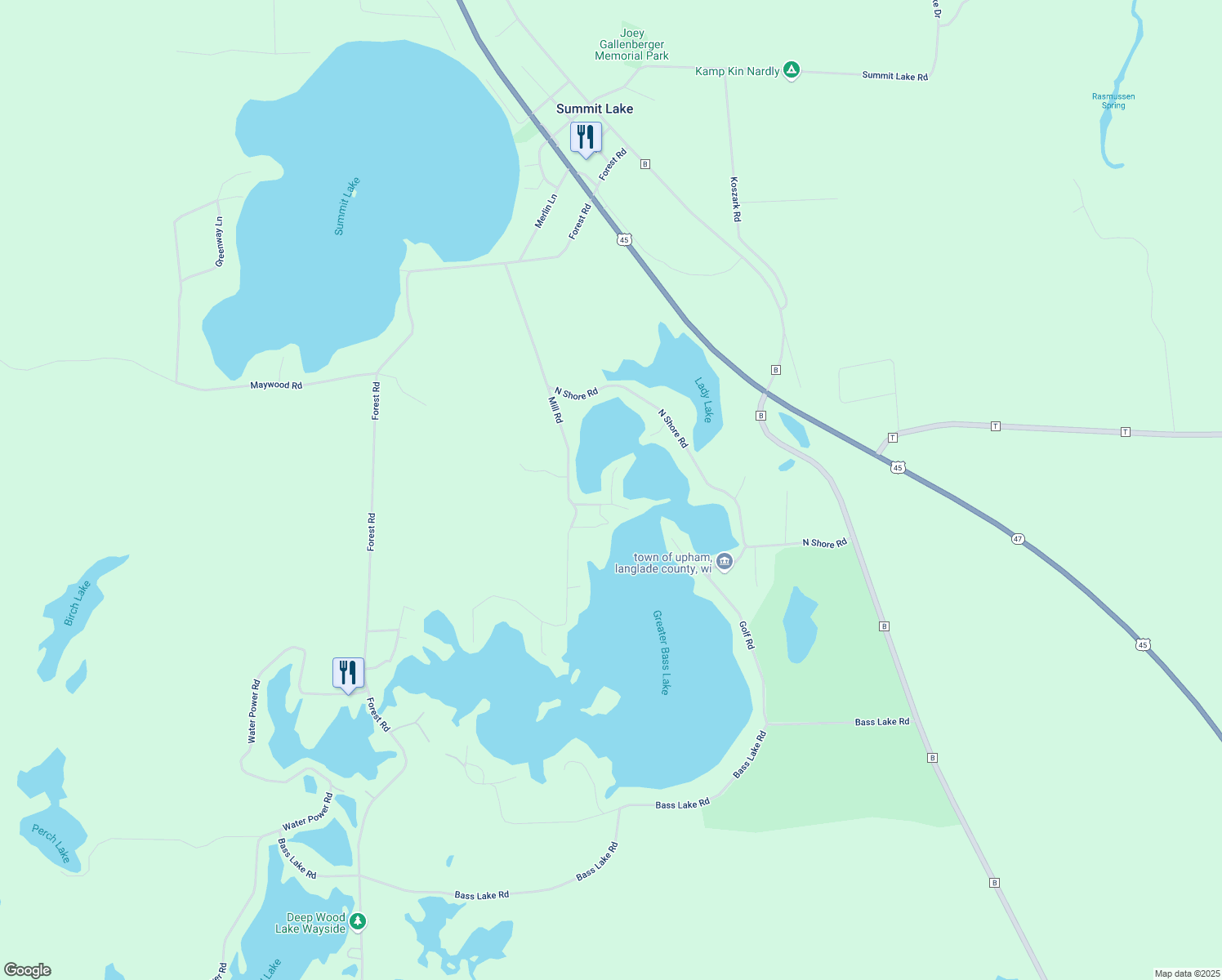 map of restaurants, bars, coffee shops, grocery stores, and more near Birch Point Road in Summit Lake