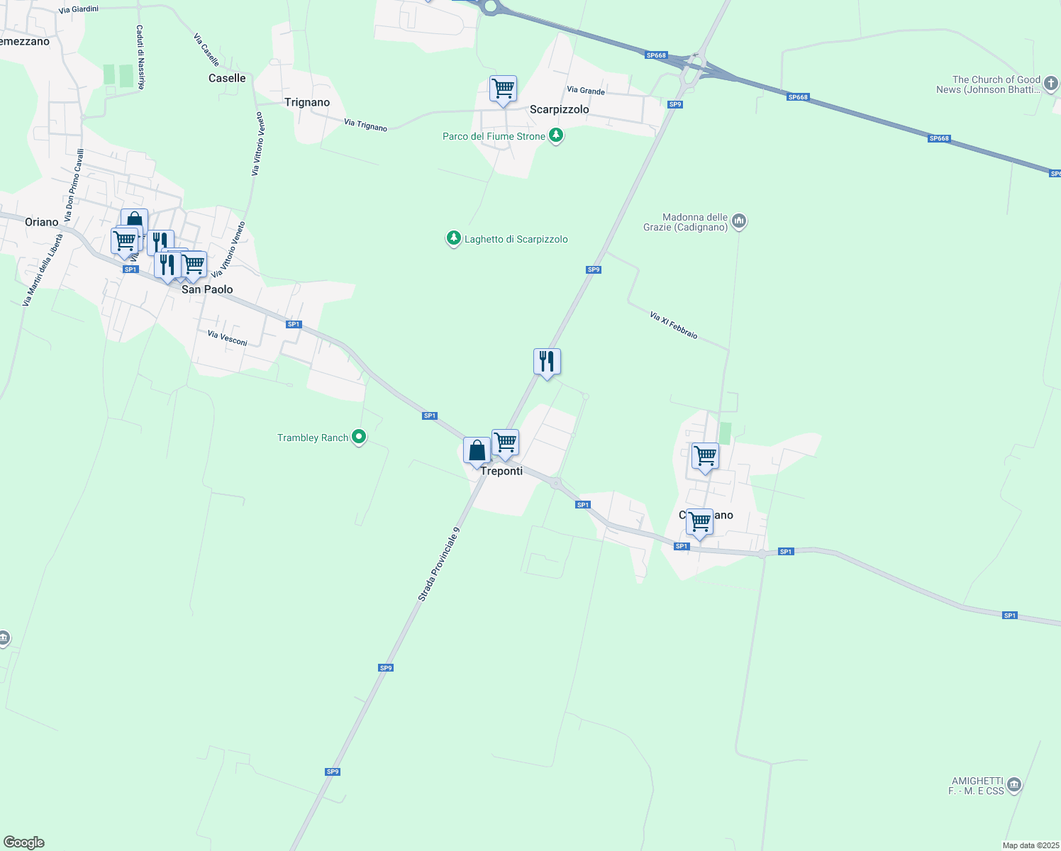 map of restaurants, bars, coffee shops, grocery stores, and more near 2 Via delle Robinie in Treponti