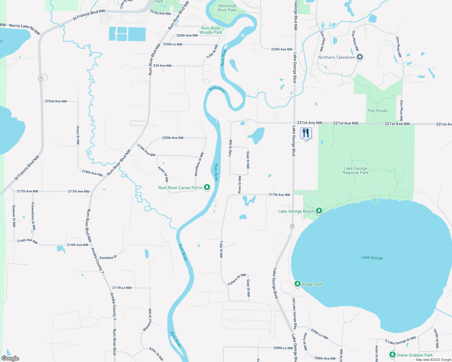 map of restaurants, bars, coffee shops, grocery stores, and more near 21760 Tulip Street Northwest in Oak Grove