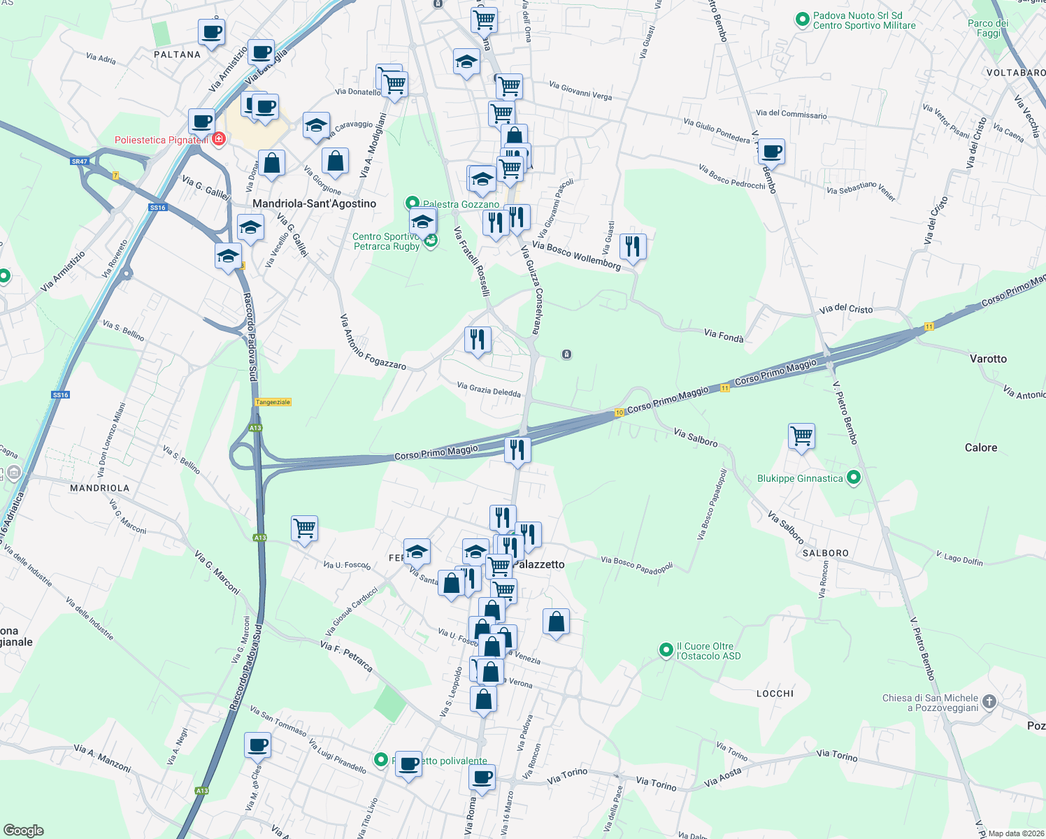 map of restaurants, bars, coffee shops, grocery stores, and more near Via Grazia Deledda in Padova