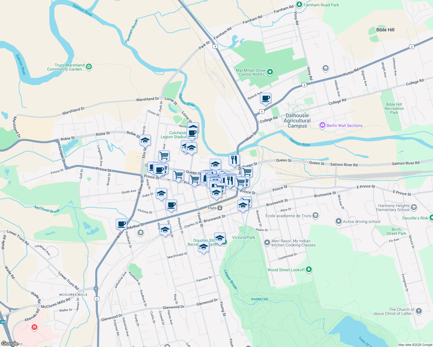 map of restaurants, bars, coffee shops, grocery stores, and more near 187 Queen Street in Truro