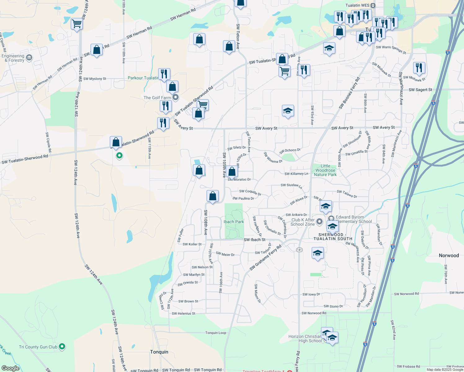 map of restaurants, bars, coffee shops, grocery stores, and more near 10465 Southwest Paulina Drive in Tualatin