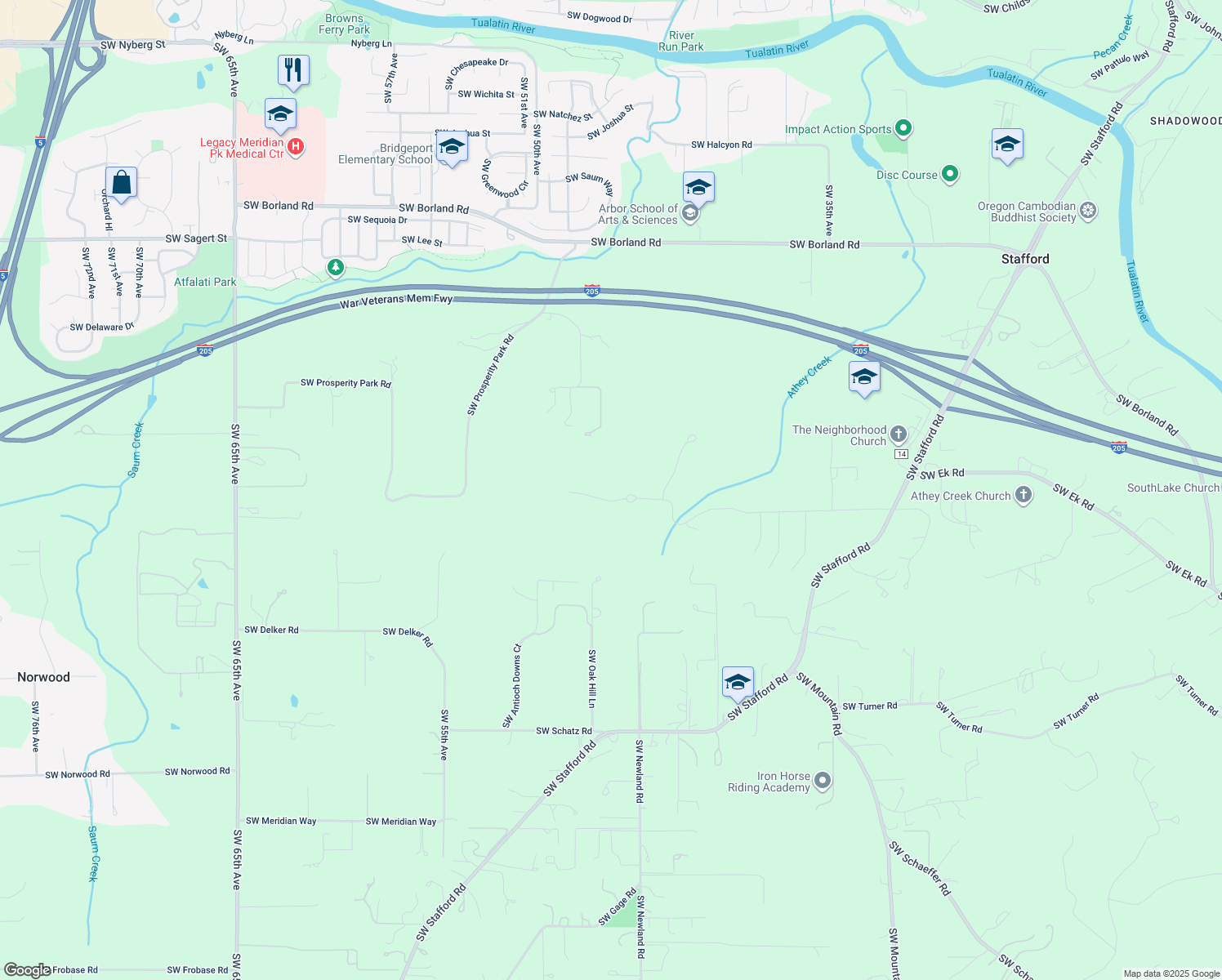 map of restaurants, bars, coffee shops, grocery stores, and more near 4585 Southwest Trail Road in Tualatin
