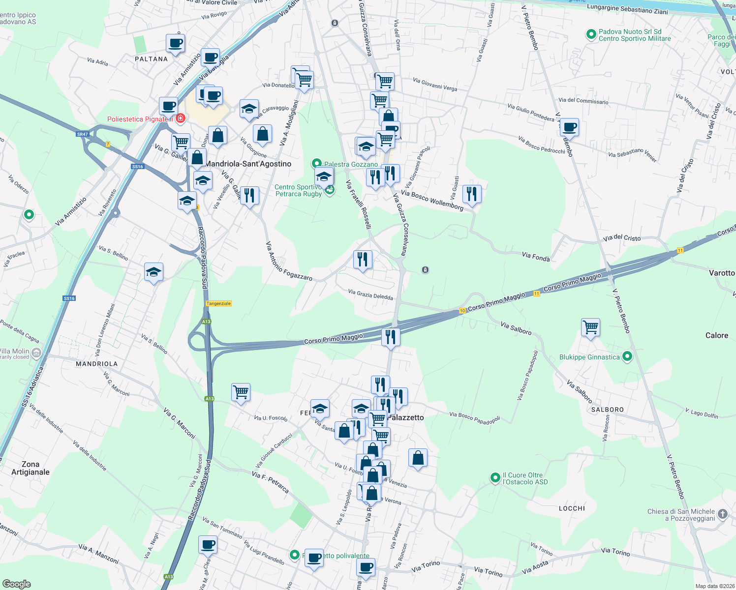 map of restaurants, bars, coffee shops, grocery stores, and more near Via Deledda in Padua